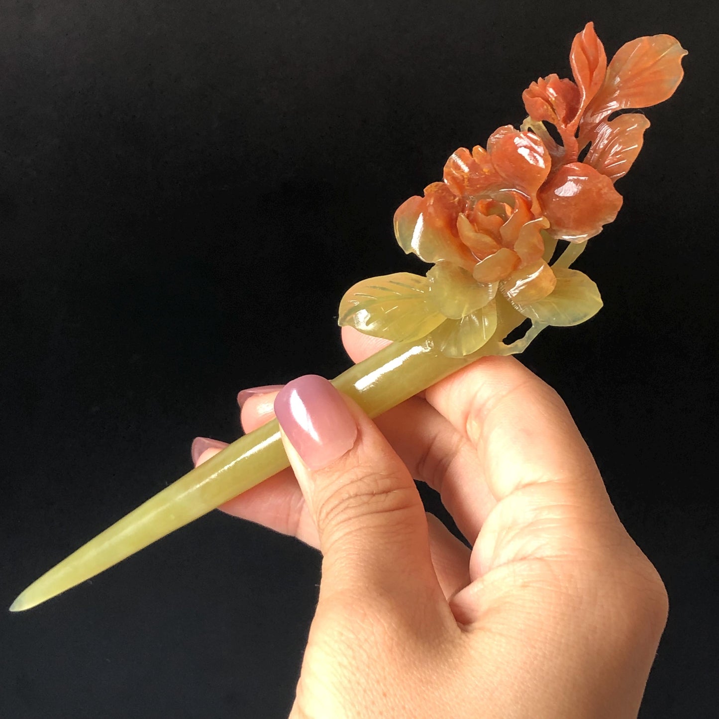 Xiu Jade Serpentine Hand Carved Camellia Flower Hair Stick: Certified Natural Red Jade Hairpin, Vintage Hanfu Hair Jewelry Gift for her Bridal Shower gift bridal hair clip wedding headpiece wedding hair jewelry bridal hair accessories red jade carving yellow jade hand engraved flower handcrafted hair stick japanese hairpins korean hair stick chinese hair comb vintage hair pins antique hair fork hanfu hair pins certified untreated jade multicolor jade bicolor jade flower carving Camellia carving