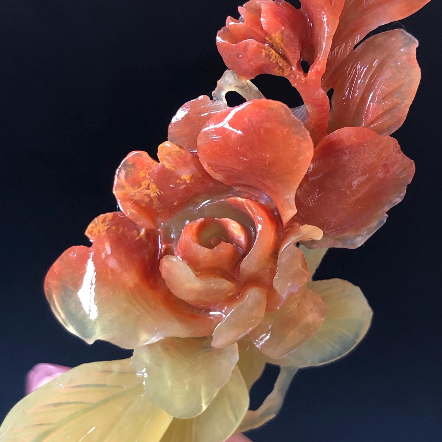 Xiu Jade Serpentine Hand Carved Camellia Flower Hair Stick: Certified Natural Red Jade Hairpin, Vintage Hanfu Hair Jewelry Gift for her Bridal Shower gift bridal hair clip wedding headpiece wedding hair jewelry bridal hair accessories red jade carving yellow jade hand engraved flower handcrafted hair stick japanese hairpins korean hair stick chinese hair comb vintage hair pins antique hair fork hanfu hair pins certified untreated jade multicolor jade bicolor jade flower carving Camellia carving