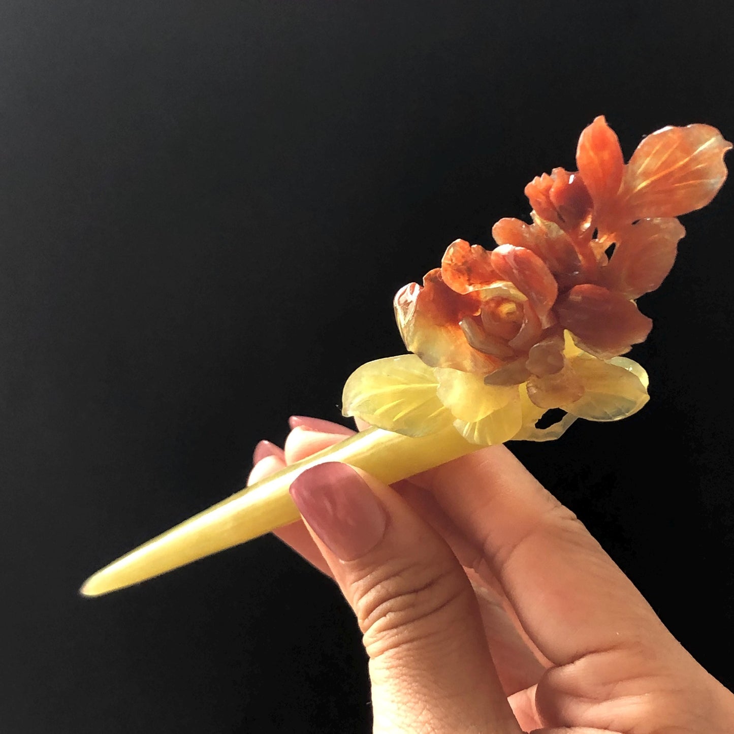 Xiu Jade Serpentine Hand Carved Camellia Flower Hair Stick: Certified Natural Red Jade Hairpin, Vintage Hanfu Hair Jewelry Gift for her Bridal Shower gift bridal hair clip wedding headpiece wedding hair jewelry bridal hair accessories red jade carving yellow jade hand engraved flower handcrafted hair stick japanese hairpins korean hair stick chinese hair comb vintage hair pins antique hair fork hanfu hair pins certified untreated jade multicolor jade bicolor jade flower carving Camellia carving