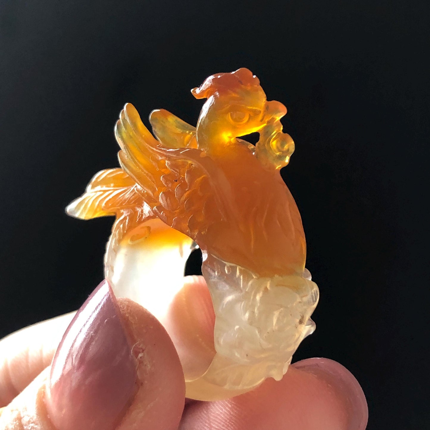 Xiu Jade Serpentine Hand Carved 3D Fire Phoenix & Peony Ring 16.9mm (US 6.25): Natural Multi-colour Orange White Red Jade Statement Ring Band Ring gift for her red jade carving orange jade white jade multicolour jade phoenix carving animals carving hand engraved statement ring flower carving hand carved flower natural untreated jade handcrafted jade ring 3D carving Stone carving Gemstone Carving phoenix Lover gift Parrot Lover Gift jade cocktail ring jade band ring peony carving