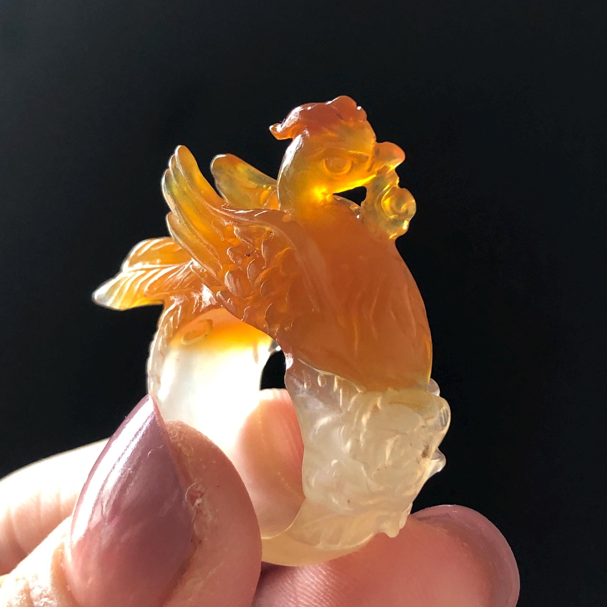 Xiu Jade Serpentine Hand Carved 3D Fire Phoenix & Peony Ring 16.9mm (US 6.25): Natural Multi-colour Orange White Red Jade Statement Ring Band Ring gift for her red jade carving orange jade white jade multicolour jade phoenix carving animals carving hand engraved statement ring flower carving hand carved flower natural untreated jade handcrafted jade ring 3D carving Stone carving Gemstone Carving phoenix Lover gift Parrot Lover Gift jade cocktail ring jade band ring peony carving