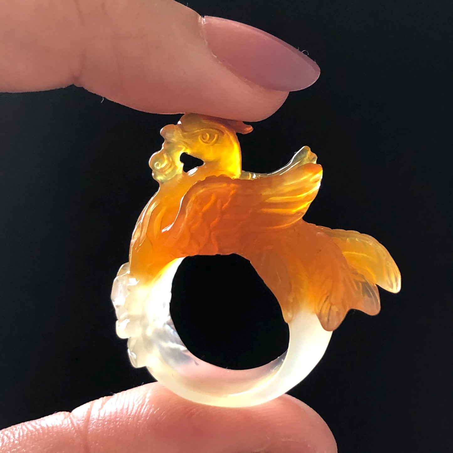 Xiu Jade Serpentine Hand Carved 3D Fire Phoenix & Peony Ring 16.9mm (US 6.25): Natural Multi-colour Orange White Red Jade Statement Ring Band Ring gift for her red jade carving orange jade white jade multicolour jade phoenix carving animals carving hand engraved statement ring flower carving hand carved flower natural untreated jade handcrafted jade ring 3D carving Stone carving Gemstone Carving phoenix Lover gift Parrot Lover Gift jade cocktail ring jade band ring peony carving