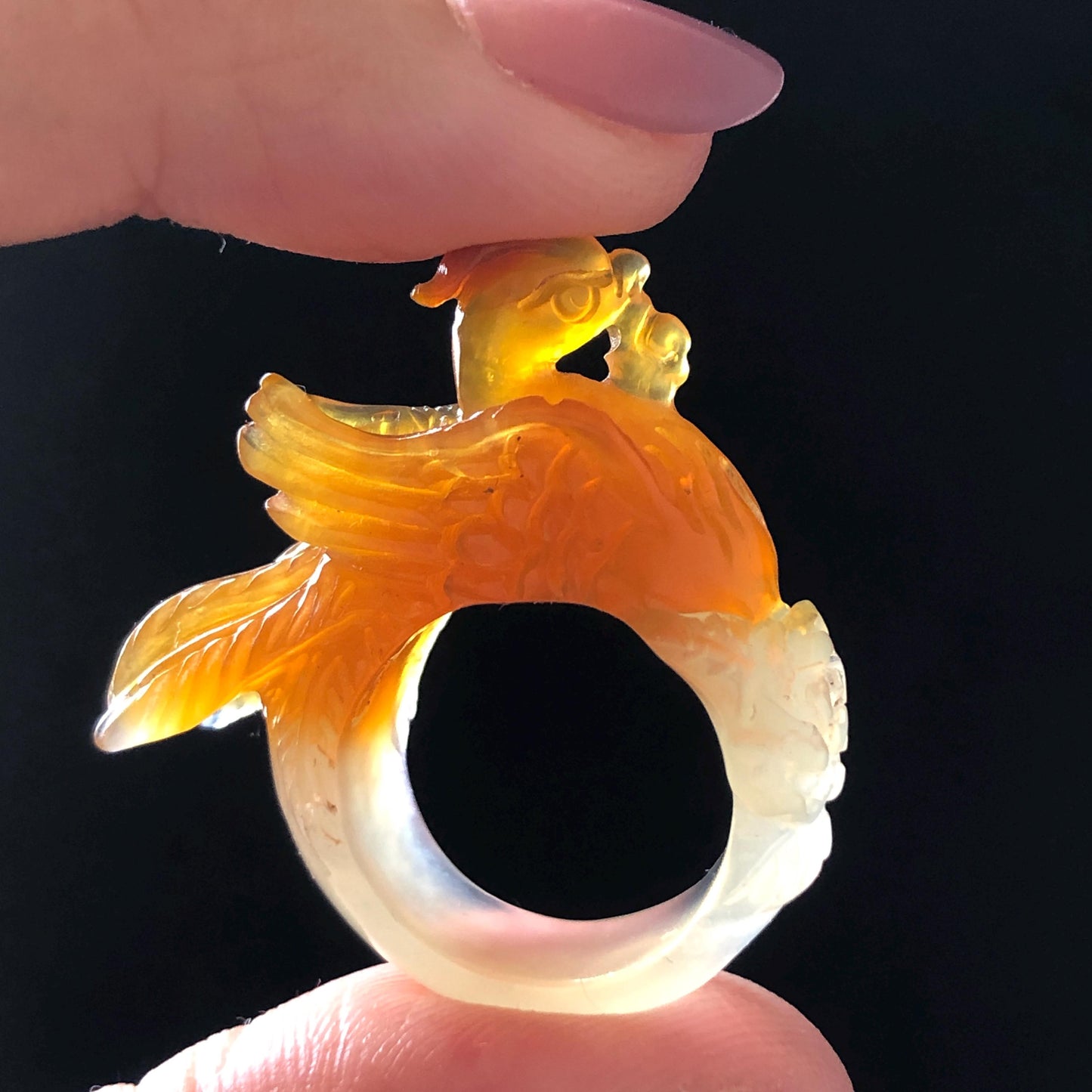 Xiu Jade Serpentine Hand Carved 3D Fire Phoenix & Peony Ring 16.9mm (US 6.25): Natural Multi-colour Orange White Red Jade Statement Ring Band Ring gift for her red jade carving orange jade white jade multicolour jade phoenix carving animals carving hand engraved statement ring flower carving hand carved flower natural untreated jade handcrafted jade ring 3D carving Stone carving Gemstone Carving phoenix Lover gift Parrot Lover Gift jade cocktail ring jade band ring peony carving