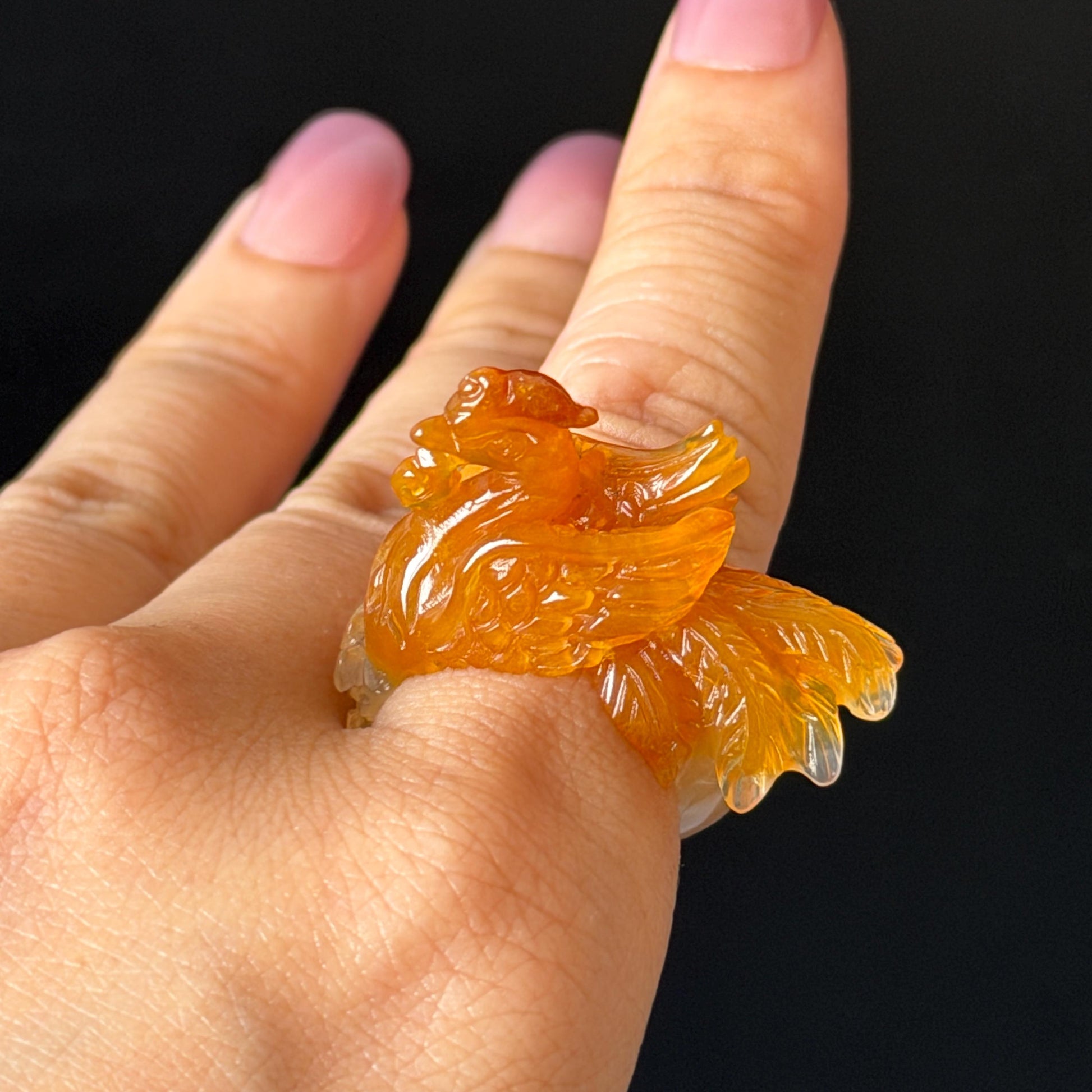 Xiu Jade Serpentine Hand Carved 3D Fire Phoenix & Peony Ring 16.9mm (US 6.25): Natural Multi-colour Orange White Red Jade Statement Ring Band Ring gift for her red jade carving orange jade white jade multicolour jade phoenix carving animals carving hand engraved statement ring flower carving hand carved flower natural untreated jade handcrafted jade ring 3D carving Stone carving Gemstone Carving phoenix Lover gift Parrot Lover Gift jade cocktail ring jade band ring peony carving