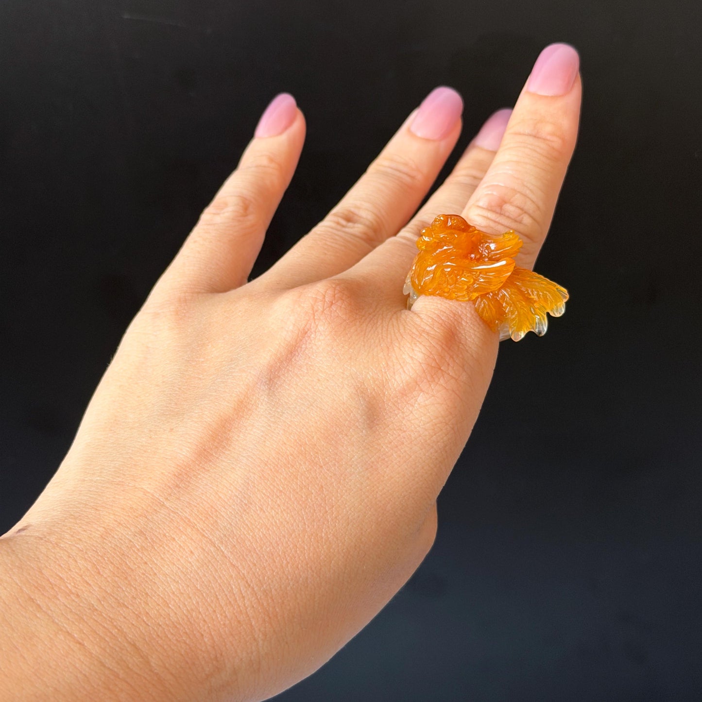 Xiu Jade Serpentine Hand Carved 3D Fire Phoenix & Peony Ring 16.9mm (US 6.25): Natural Multi-colour Orange White Red Jade Statement Ring Band Ring gift for her red jade carving orange jade white jade multicolour jade phoenix carving animals carving hand engraved statement ring flower carving hand carved flower natural untreated jade handcrafted jade ring 3D carving Stone carving Gemstone Carving phoenix Lover gift Parrot Lover Gift jade cocktail ring jade band ring peony carving