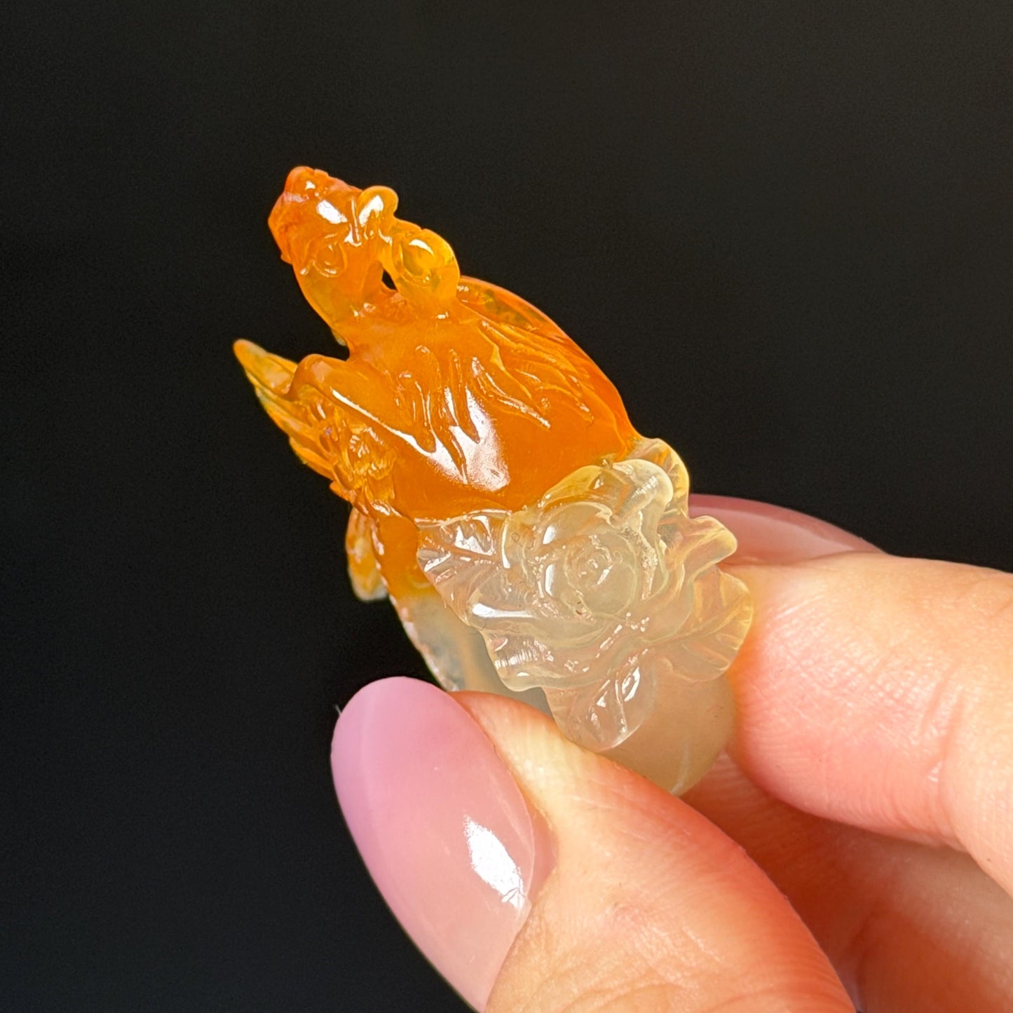 Xiu Jade Serpentine Hand Carved 3D Fire Phoenix & Peony Ring 16.9mm (US 6.25): Natural Multi-colour Orange White Red Jade Statement Ring Band Ring gift for her red jade carving orange jade white jade multicolour jade phoenix carving animals carving hand engraved statement ring flower carving hand carved flower natural untreated jade handcrafted jade ring 3D carving Stone carving Gemstone Carving phoenix Lover gift Parrot Lover Gift jade cocktail ring jade band ring peony carving