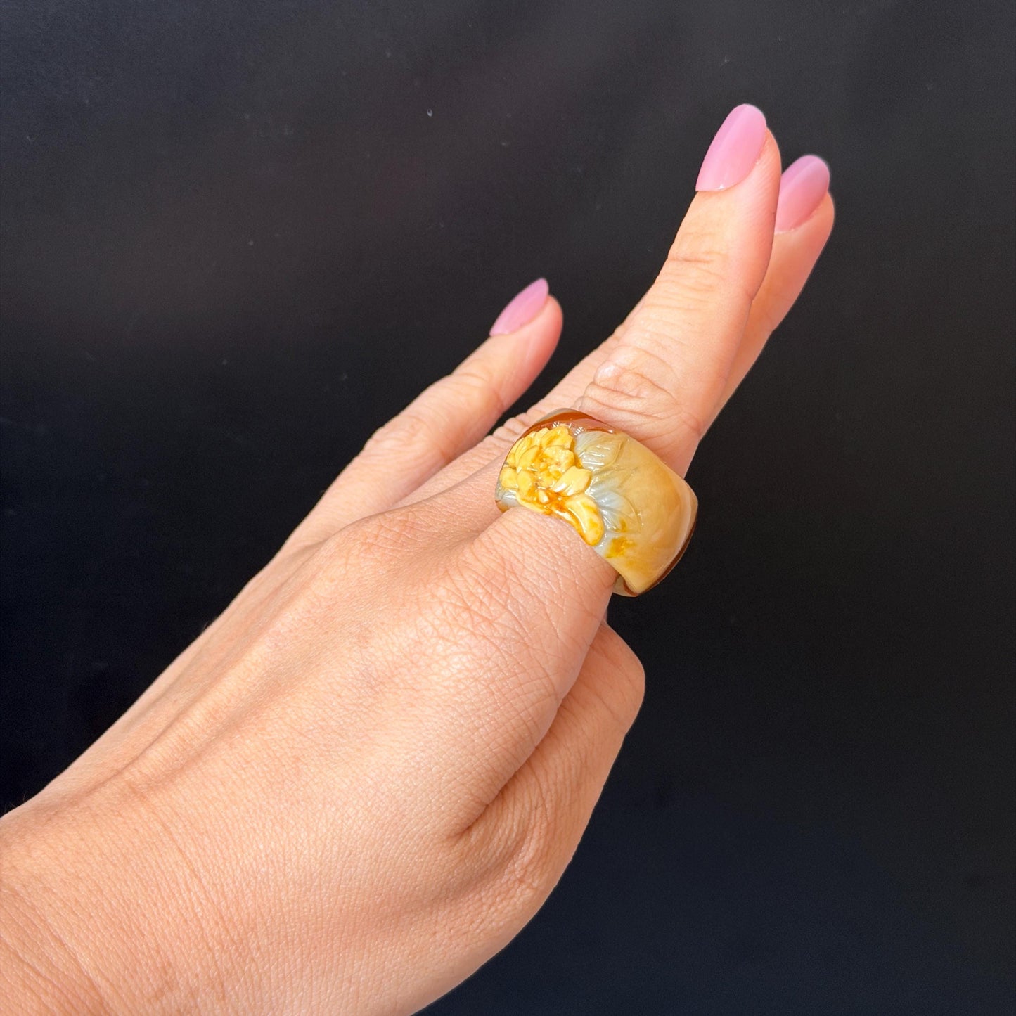 Xiu Jade Serpentine Hand Carved Peony Flower Statement Ring 18.4mm (US 8.25): Natural Brown White Jade 3D Flower Carving Stone Thumb Ring Band Ring gift for her brown jade carving white jade yellow jade multicolour jade peony carving hand engraved statement ring flower carving hand carved flower natural untreated jade handcrafted jade ring 3D stone carving handcrafted ring stackable ring ring pendant flower carving cocktail ring