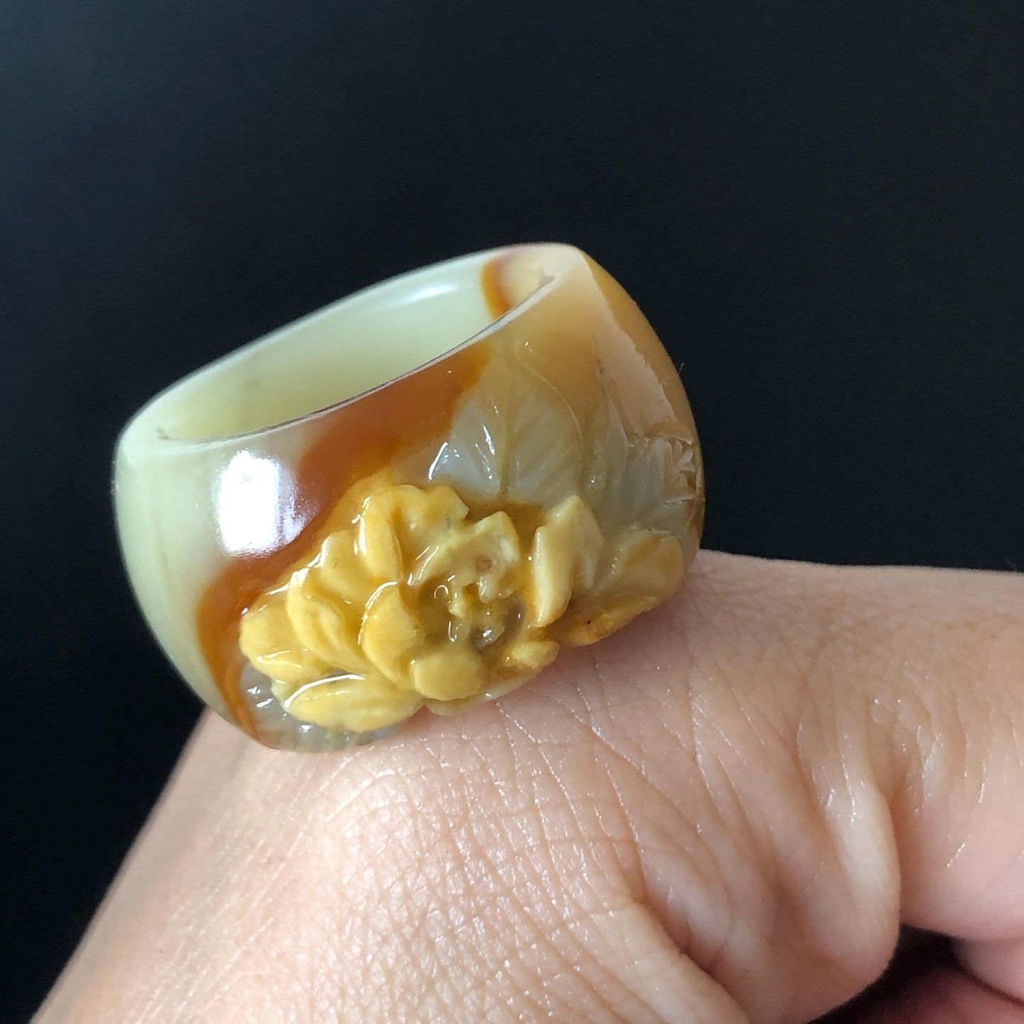 Xiu Jade Serpentine Hand Carved Peony Flower Statement Ring 18.4mm (US 8.25): Natural Brown White Jade 3D Flower Carving Stone Thumb Ring Band Ring gift for her brown jade carving white jade yellow jade multicolour jade peony carving hand engraved statement ring flower carving hand carved flower natural untreated jade handcrafted jade ring 3D stone carving handcrafted ring stackable ring ring pendant flower carving cocktail ring