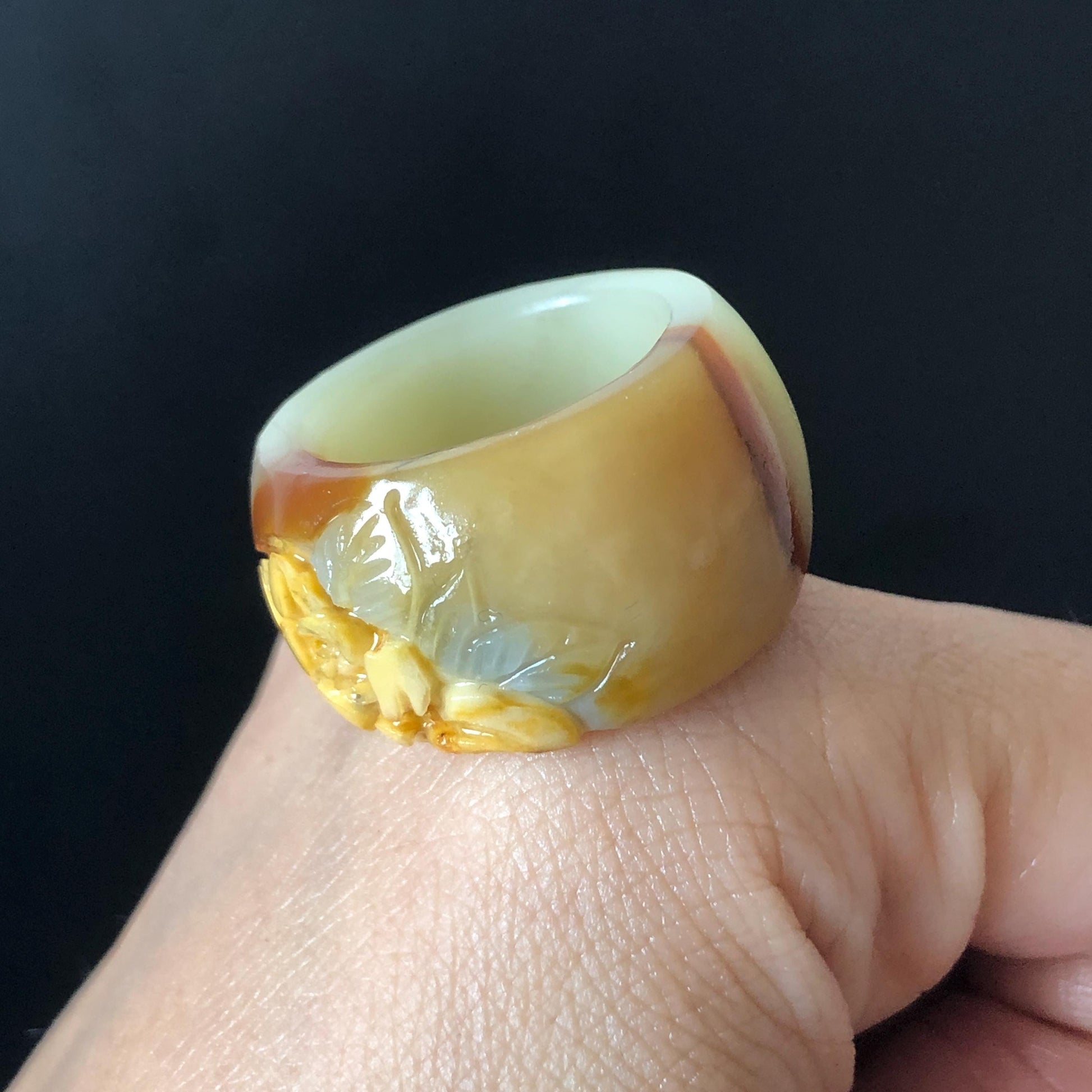 Xiu Jade Serpentine Hand Carved Peony Flower Statement Ring 18.4mm (US 8.25): Natural Brown White Jade 3D Flower Carving Stone Thumb Ring Band Ring gift for her brown jade carving white jade yellow jade multicolour jade peony carving hand engraved statement ring flower carving hand carved flower natural untreated jade handcrafted jade ring 3D stone carving handcrafted ring stackable ring ring pendant flower carving cocktail ring