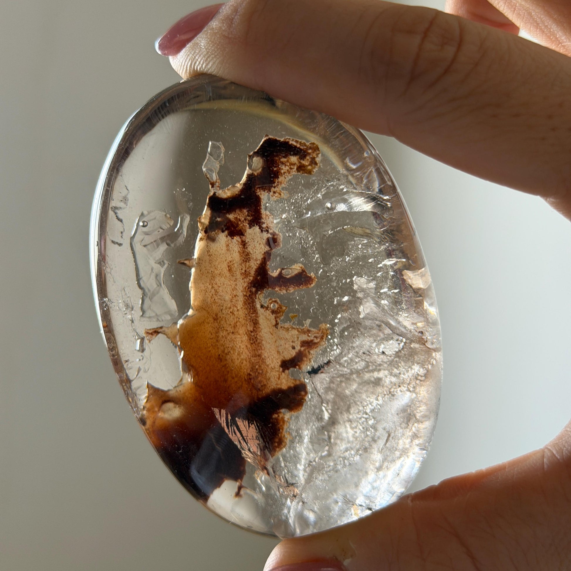 Ultra Rare! Polished Enhydro Quartz Crystal Palm Stone with Moving Red Sand Waterfall & Clear Bubbles Inclusion Crystal | Natural Gemstone Birthstone Gift for her enhydro quartz sand waterfall pendant necklace gemstone charm stone pendant choker polished stone pendant crystal charm birthstone men necklace chakra crystal minerals specimen silver wire wrapped pendant inclusion crystal inclusion crystal red sand inclusion palm crystal meditation stone