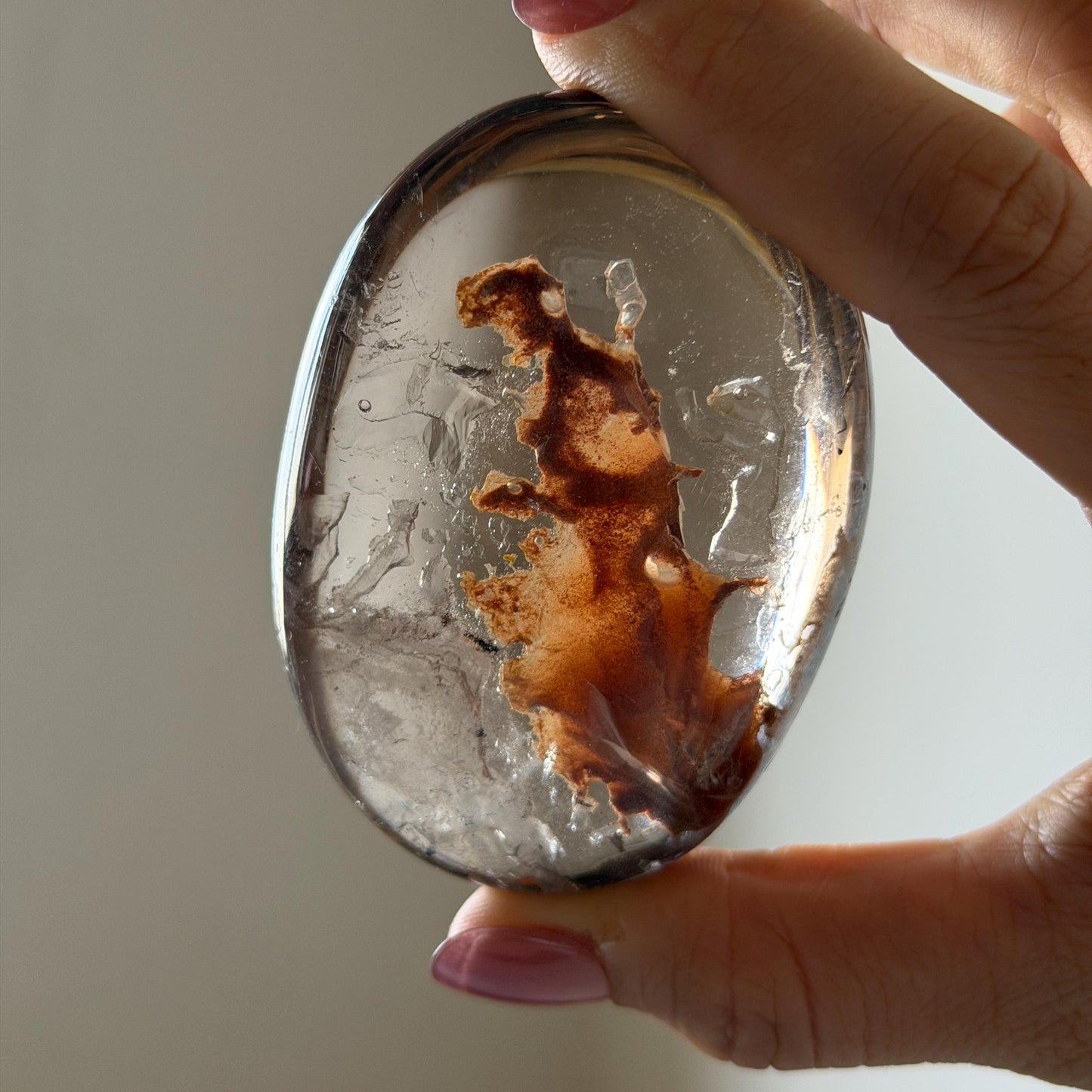 Ultra Rare! Polished Enhydro Quartz Crystal Palm Stone with Moving Red Sand Waterfall & Clear Bubbles Inclusion Crystal | Natural Gemstone Birthstone Gift for her enhydro quartz sand waterfall pendant necklace gemstone charm stone pendant choker polished stone pendant crystal charm birthstone men necklace chakra crystal minerals specimen silver wire wrapped pendant inclusion crystal inclusion crystal red sand inclusion palm crystal meditation stone