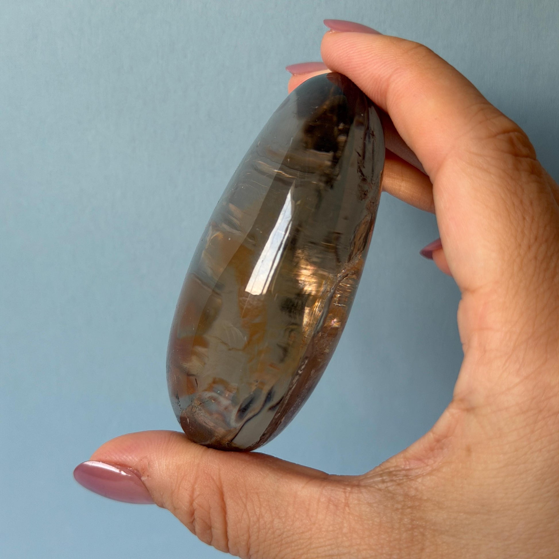 Ultra Rare! Polished Enhydro Quartz Crystal Palm Stone with Moving Red Sand Waterfall & Clear Bubbles Inclusion Crystal | Natural Gemstone Birthstone Gift for her enhydro quartz sand waterfall pendant necklace gemstone charm stone pendant choker polished stone pendant crystal charm birthstone men necklace chakra crystal minerals specimen silver wire wrapped pendant inclusion crystal inclusion crystal red sand inclusion palm crystal meditation stone