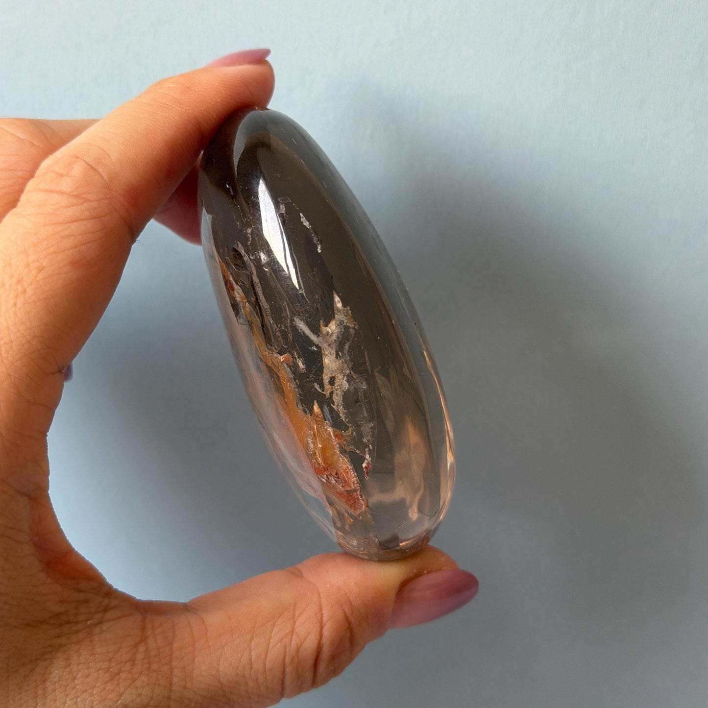 Ultra Rare! Polished Enhydro Quartz Crystal Palm Stone with Moving Red Sand Waterfall & Clear Bubbles Inclusion Crystal | Natural Gemstone Birthstone Gift for her enhydro quartz sand waterfall pendant necklace gemstone charm stone pendant choker polished stone pendant crystal charm birthstone men necklace chakra crystal minerals specimen silver wire wrapped pendant inclusion crystal inclusion crystal red sand inclusion palm crystal meditation stone