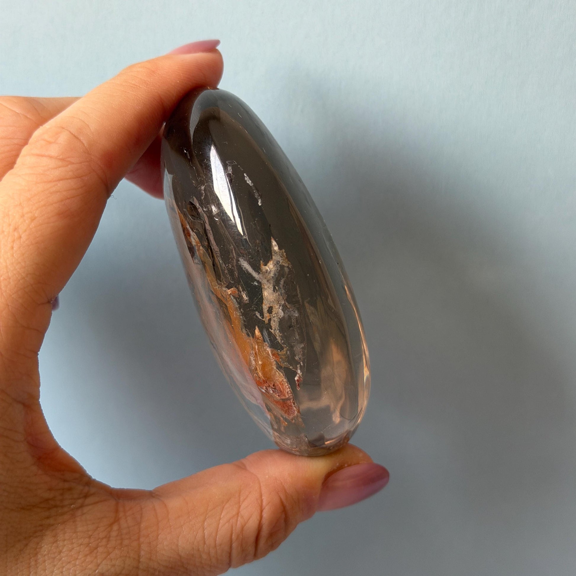 Ultra Rare! Polished Enhydro Quartz Crystal Palm Stone with Moving Red Sand Waterfall & Clear Bubbles Inclusion Crystal | Natural Gemstone Birthstone Gift for her enhydro quartz sand waterfall pendant necklace gemstone charm stone pendant choker polished stone pendant crystal charm birthstone men necklace chakra crystal minerals specimen silver wire wrapped pendant inclusion crystal inclusion crystal red sand inclusion palm crystal meditation stone