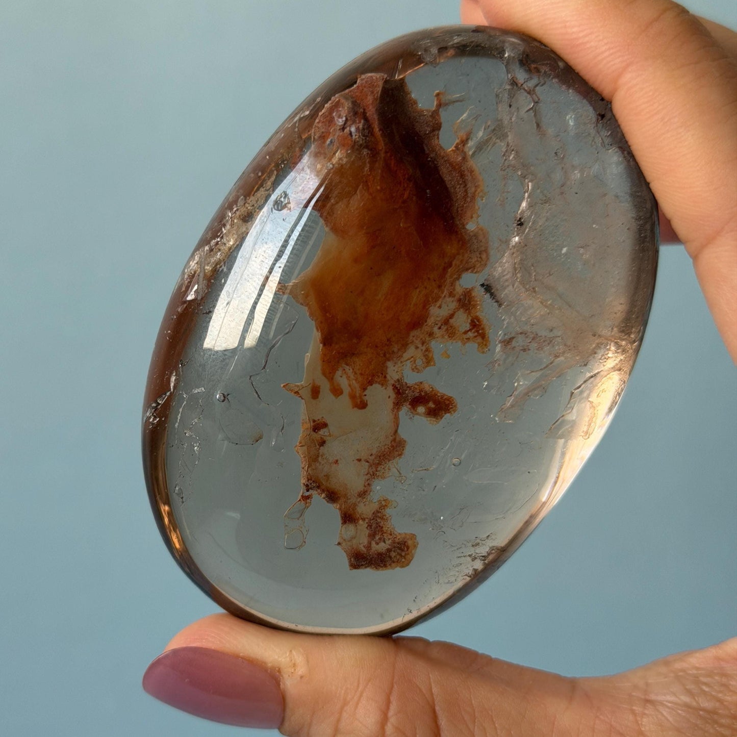 Ultra Rare! Polished Enhydro Quartz Crystal Palm Stone with Moving Red Sand Waterfall & Clear Bubbles Inclusion Crystal | Natural Gemstone Birthstone Gift for her enhydro quartz sand waterfall pendant necklace gemstone charm stone pendant choker polished stone pendant crystal charm birthstone men necklace chakra crystal minerals specimen silver wire wrapped pendant inclusion crystal inclusion crystal red sand inclusion palm crystal meditation stone