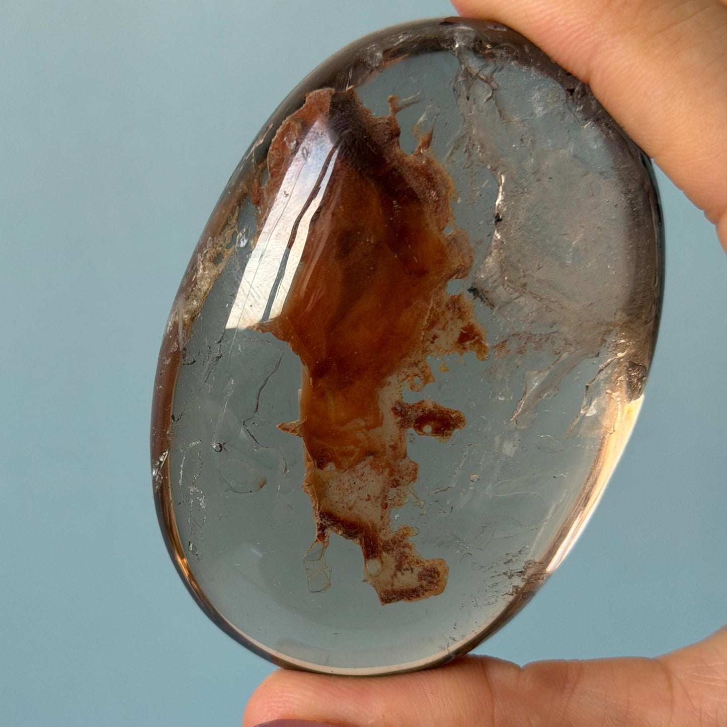 Ultra Rare! Polished Enhydro Quartz Crystal Palm Stone with Moving Red Sand Waterfall & Clear Bubbles Inclusion Crystal | Natural Gemstone Birthstone Gift for her enhydro quartz sand waterfall pendant necklace gemstone charm stone pendant choker polished stone pendant crystal charm birthstone men necklace chakra crystal minerals specimen silver wire wrapped pendant inclusion crystal inclusion crystal red sand inclusion palm crystal meditation stone