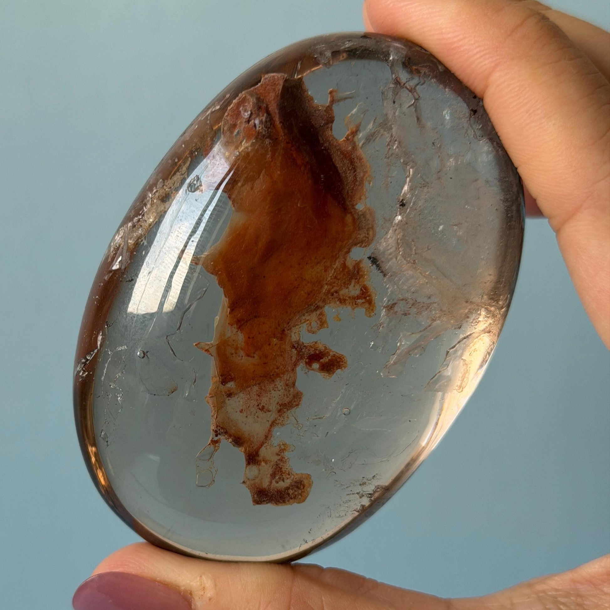 Ultra Rare! Polished Enhydro Quartz Crystal Palm Stone with Moving Red Sand Waterfall & Clear Bubbles Inclusion Crystal | Natural Gemstone Birthstone Gift for her enhydro quartz sand waterfall pendant necklace gemstone charm stone pendant choker polished stone pendant crystal charm birthstone men necklace chakra crystal minerals specimen silver wire wrapped pendant inclusion crystal inclusion crystal red sand inclusion palm crystal meditation stone