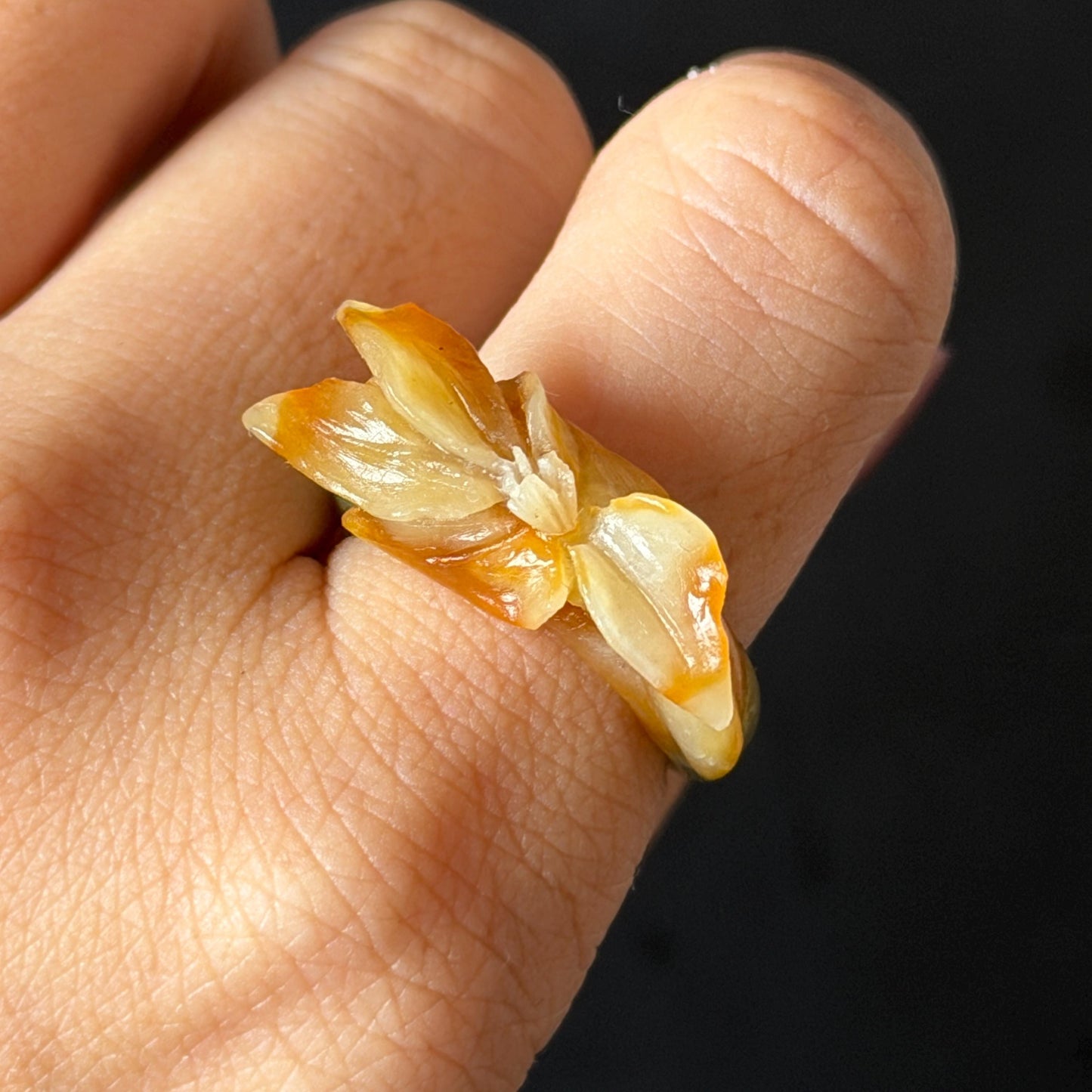 56.2mm Xiu Jade Serpentine Hand Carved Lily flowers Bangle & Ring Set: Natural Yellow Green Jade Handcrafted Bracelet 3D stone carving Gift for her handcrafted bangle jade carving lily carving hand engraved flower bangle flower carving green jade yellow jade 3D carving hollow out carving certified natural jade untreated jade with certificate vintage jade bracelet antique bangle multicolor jade ring carved ring women statement ring stackable ring cocktail ring