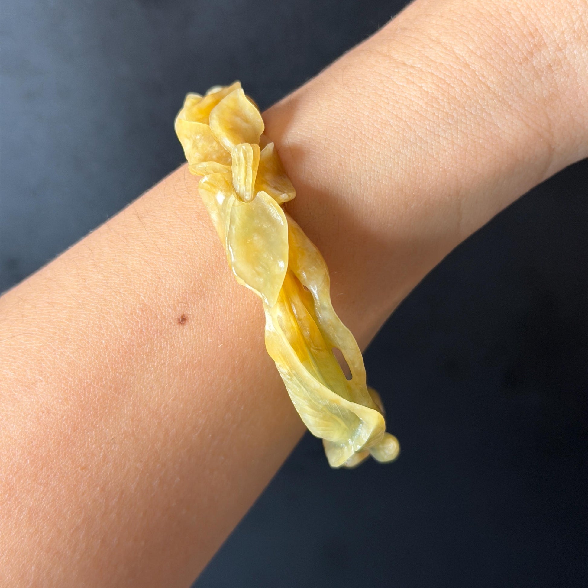 56.2mm Xiu Jade Serpentine Hand Carved Lily flowers Bangle & Ring Set: Natural Yellow Green Jade Handcrafted Bracelet 3D stone carving Gift for her handcrafted bangle jade carving lily carving hand engraved flower bangle flower carving green jade yellow jade 3D carving hollow out carving certified natural jade untreated jade with certificate vintage jade bracelet antique bangle multicolor jade ring carved ring women statement ring stackable ring cocktail ring