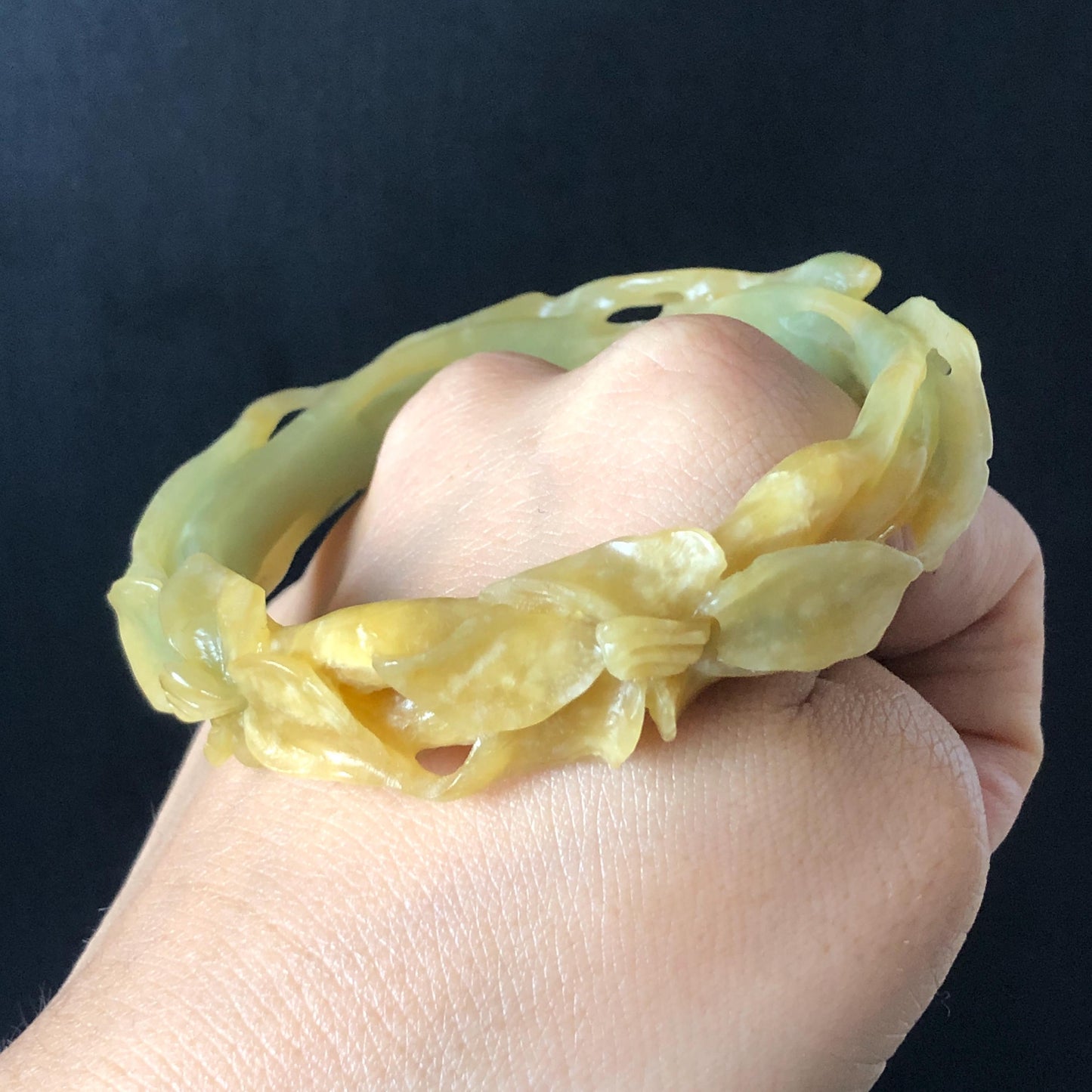 56.2mm Xiu Jade Serpentine Hand Carved Lily flowers Bangle & Ring Set: Natural Yellow Green Jade Handcrafted Bracelet 3D stone carving Gift for her handcrafted bangle jade carving lily carving hand engraved flower bangle flower carving green jade yellow jade 3D carving hollow out carving certified natural jade untreated jade with certificate vintage jade bracelet antique bangle multicolor jade ring carved ring women statement ring stackable ring cocktail ring
