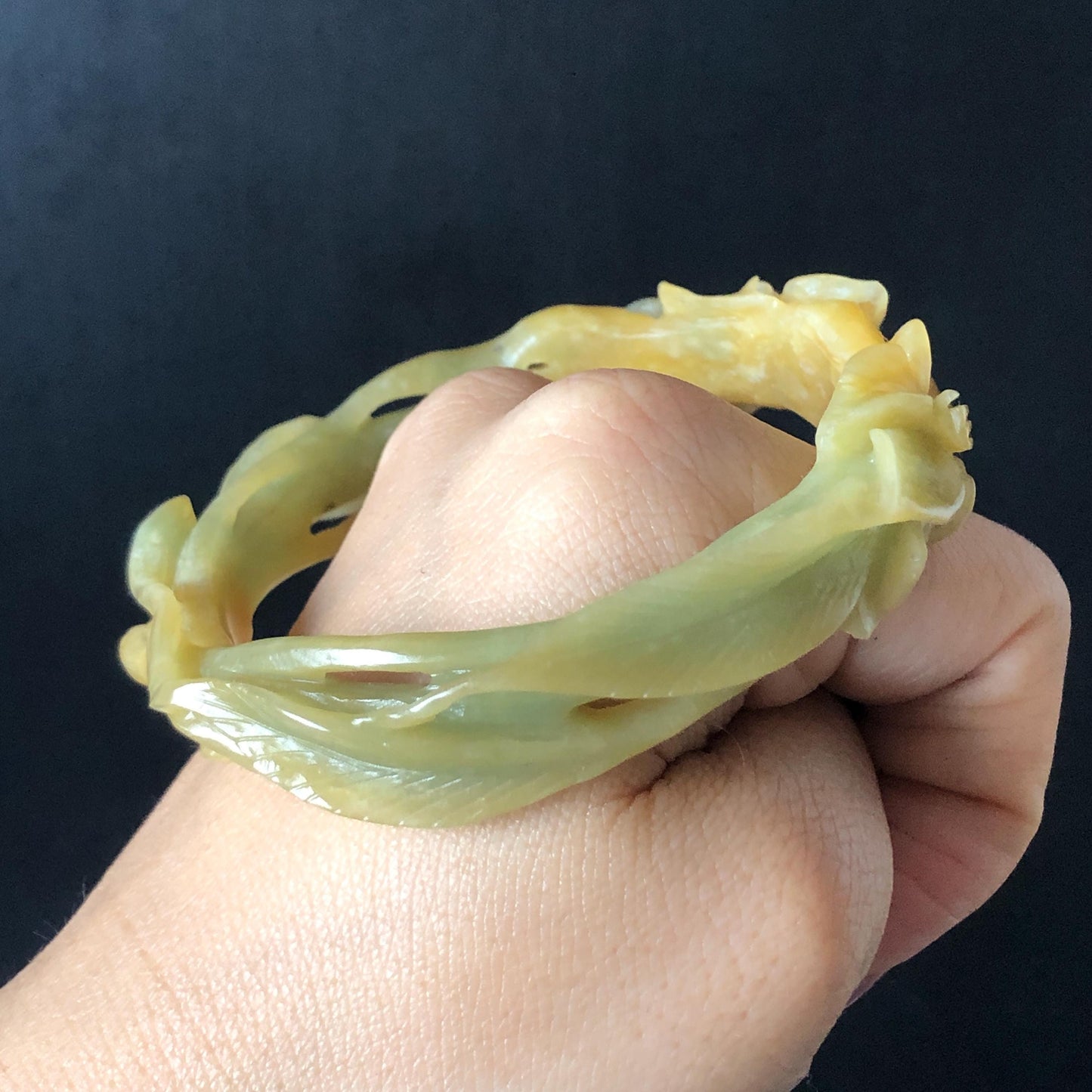 56.2mm Xiu Jade Serpentine Hand Carved Lily flowers Bangle & Ring Set: Natural Yellow Green Jade Handcrafted Bracelet 3D stone carving Gift for her handcrafted bangle jade carving lily carving hand engraved flower bangle flower carving green jade yellow jade 3D carving hollow out carving certified natural jade untreated jade with certificate vintage jade bracelet antique bangle multicolor jade ring carved ring women statement ring stackable ring cocktail ring