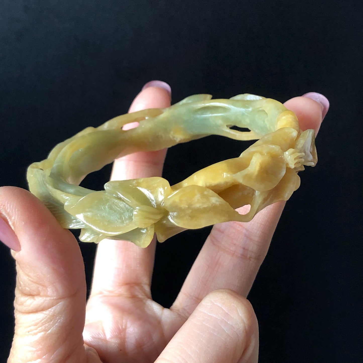 56.2mm Xiu Jade Serpentine Hand Carved Lily flowers Bangle & Ring Set: Natural Yellow Green Jade Handcrafted Bracelet 3D stone carving Gift for her handcrafted bangle jade carving lily carving hand engraved flower bangle flower carving green jade yellow jade 3D carving hollow out carving certified natural jade untreated jade with certificate vintage jade bracelet antique bangle multicolor jade ring carved ring women statement ring stackable ring cocktail ring