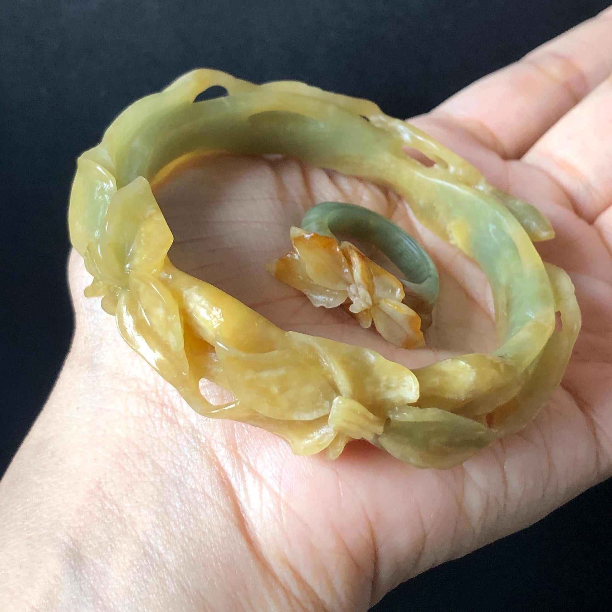56.2mm Xiu Jade Serpentine Hand Carved Lily flowers Bangle & Ring Set: Natural Yellow Green Jade Handcrafted Bracelet 3D stone carving Gift for her handcrafted bangle jade carving lily carving hand engraved flower bangle flower carving green jade yellow jade 3D carving hollow out carving certified natural jade untreated jade with certificate vintage jade bracelet antique bangle multicolor jade ring carved ring women statement ring stackable ring cocktail ring