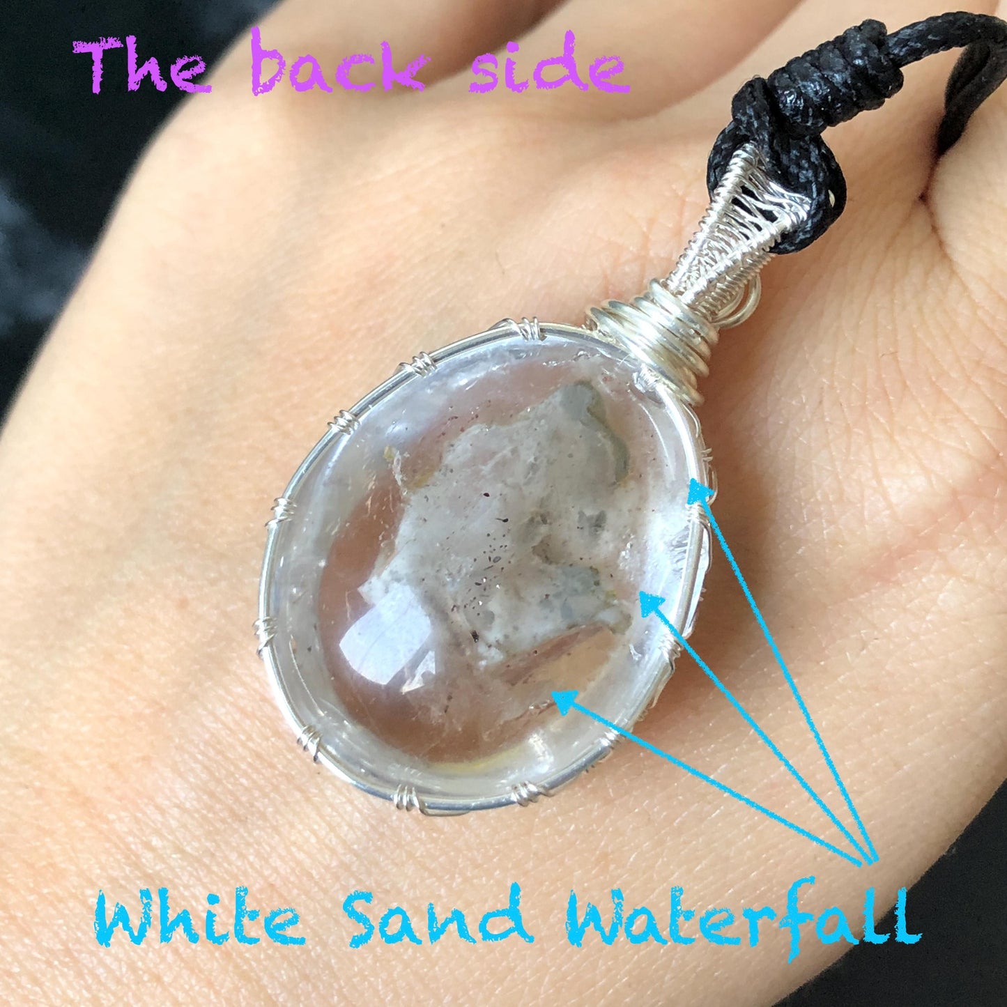 Rare Found! Polished Enhydro Quartz (Herkimer Diamond) Wire Wrapped Pendant Adjustable Necklace: Moving White Sand & Bubble Inclusion Crystal | Natural Gemstone Birthstone Gift for her Birthstone enhydro quartz sand water-fall  choker gemstone charm stone pendant choker polished stone pendant crystal charm birthstone men necklace chakra crystal purify stone minerals specimen adjustable choker mica quartz mica flakes silver wire wrapped pendant