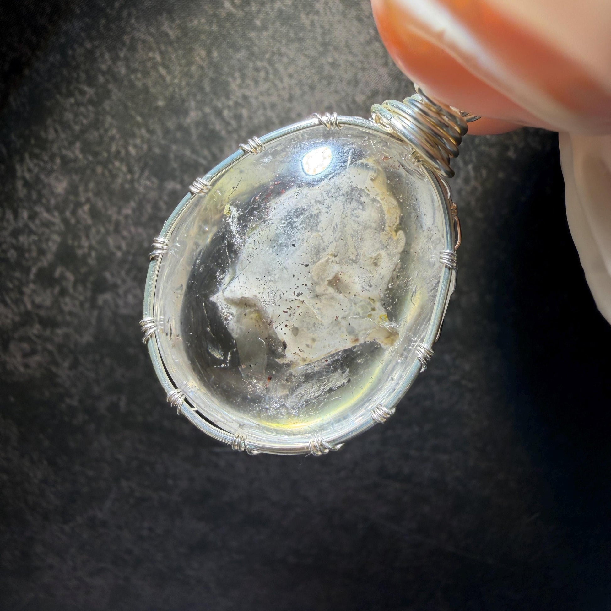 Rare Found! Polished Enhydro Quartz (Herkimer Diamond) Wire Wrapped Pendant Adjustable Necklace: Moving White Sand & Bubble Inclusion Crystal | Natural Gemstone Birthstone Gift for her Birthstone enhydro quartz sand water-fall  choker gemstone charm stone pendant choker polished stone pendant crystal charm birthstone men necklace chakra crystal purify stone minerals specimen adjustable choker mica quartz mica flakes silver wire wrapped pendant