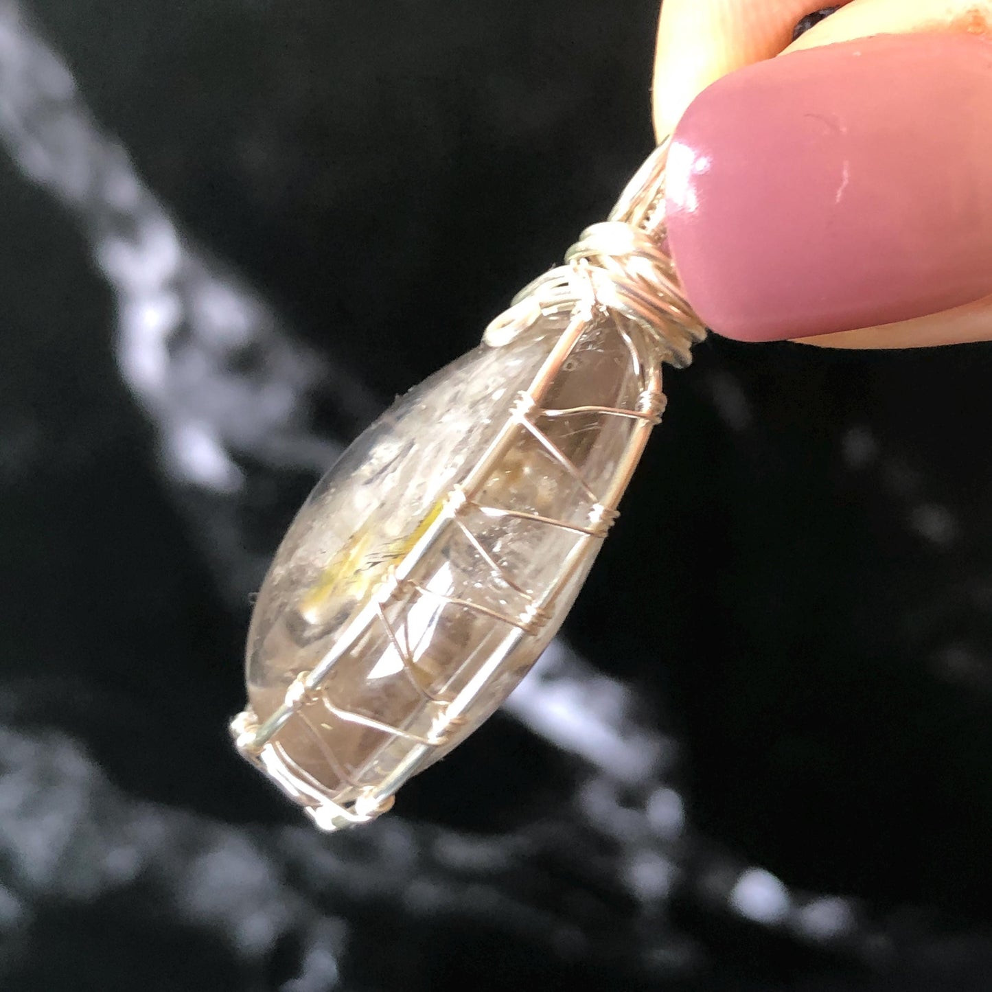 Rare Found! Polished Enhydro Quartz (Herkimer Diamond) Wire Wrapped Pendant Adjustable Necklace: Moving White Sand & Bubble Inclusion Crystal | Natural Gemstone Birthstone Gift for her Birthstone enhydro quartz sand water-fall  choker gemstone charm stone pendant choker polished stone pendant crystal charm birthstone men necklace chakra crystal purify stone minerals specimen adjustable choker mica quartz mica flakes silver wire wrapped pendant