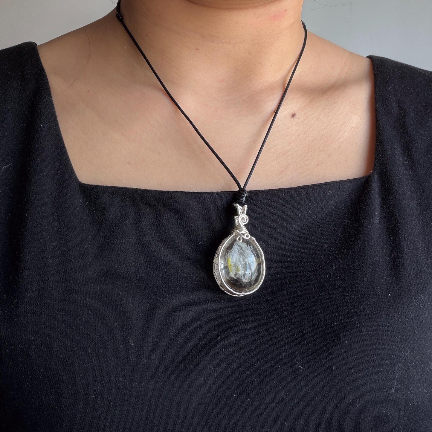 Rare Found! Polished Enhydro Quartz (Herkimer Diamond) Wire Wrapped Pendant Adjustable Necklace: Moving White Sand & Bubble Inclusion Crystal | Natural Gemstone Birthstone Gift for her Birthstone enhydro quartz sand water-fall  choker gemstone charm stone pendant choker polished stone pendant crystal charm birthstone men necklace chakra crystal purify stone minerals specimen adjustable choker mica quartz mica flakes silver wire wrapped pendant