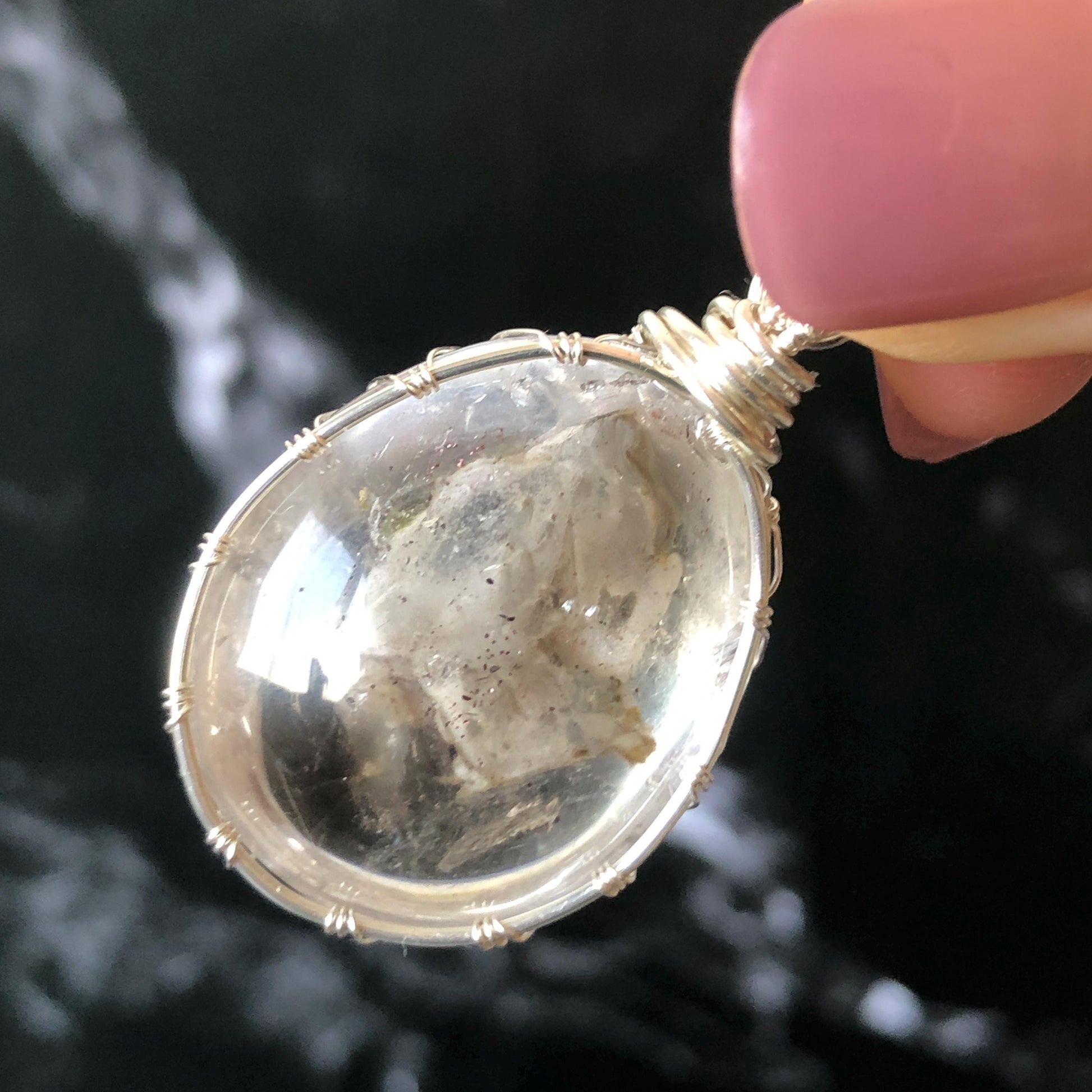 Rare Found! Polished Enhydro Quartz (Herkimer Diamond) Wire Wrapped Pendant Adjustable Necklace: Moving White Sand & Bubble Inclusion Crystal | Natural Gemstone Birthstone Gift for her Birthstone enhydro quartz sand water-fall  choker gemstone charm stone pendant choker polished stone pendant crystal charm birthstone men necklace chakra crystal purify stone minerals specimen adjustable choker mica quartz mica flakes silver wire wrapped pendant