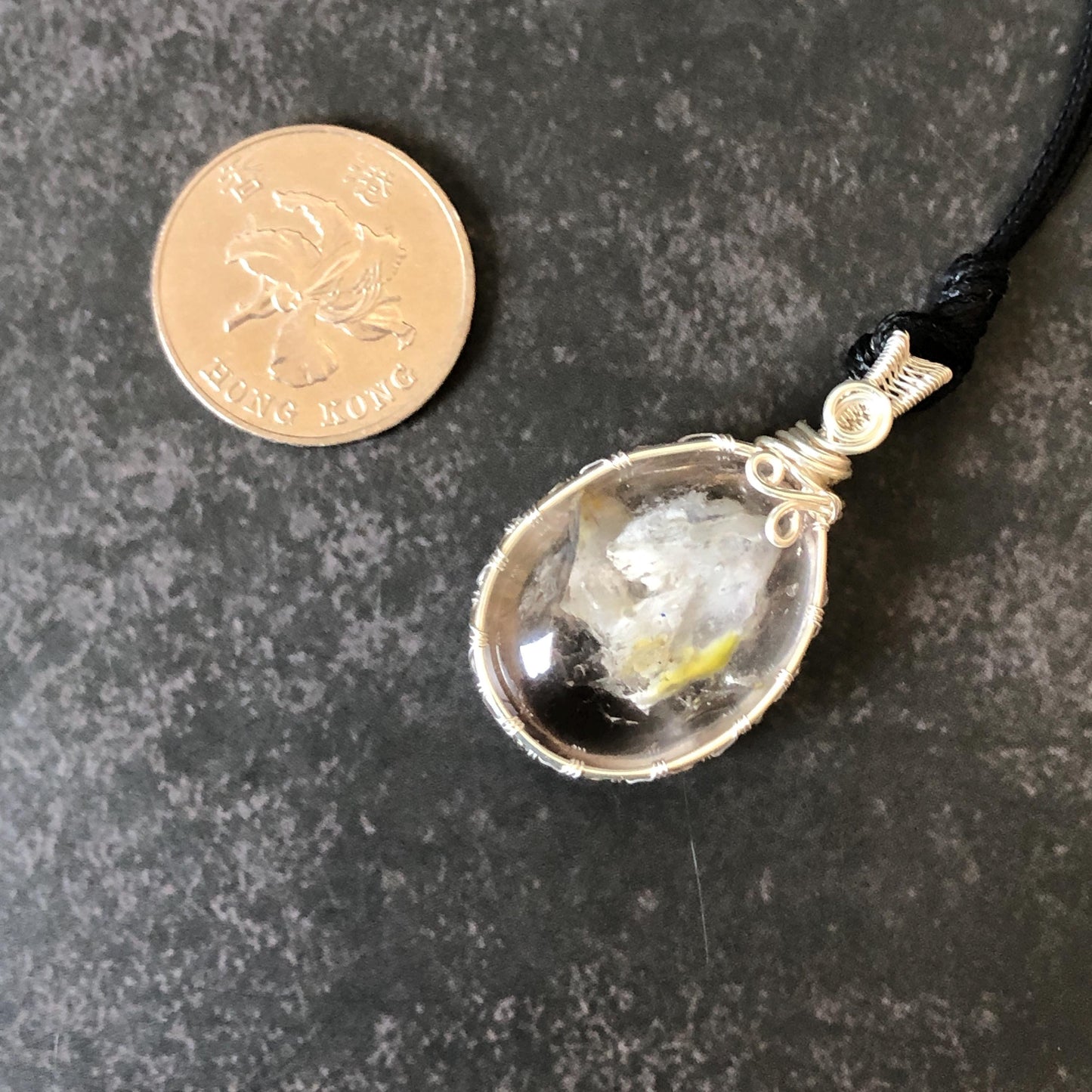 Rare Found! Polished Enhydro Quartz (Herkimer Diamond) Wire Wrapped Pendant Adjustable Necklace: Moving White Sand & Bubble Inclusion Crystal | Natural Gemstone Birthstone Gift for her Birthstone enhydro quartz sand water-fall  choker gemstone charm stone pendant choker polished stone pendant crystal charm birthstone men necklace chakra crystal purify stone minerals specimen adjustable choker mica quartz mica flakes silver wire wrapped pendant