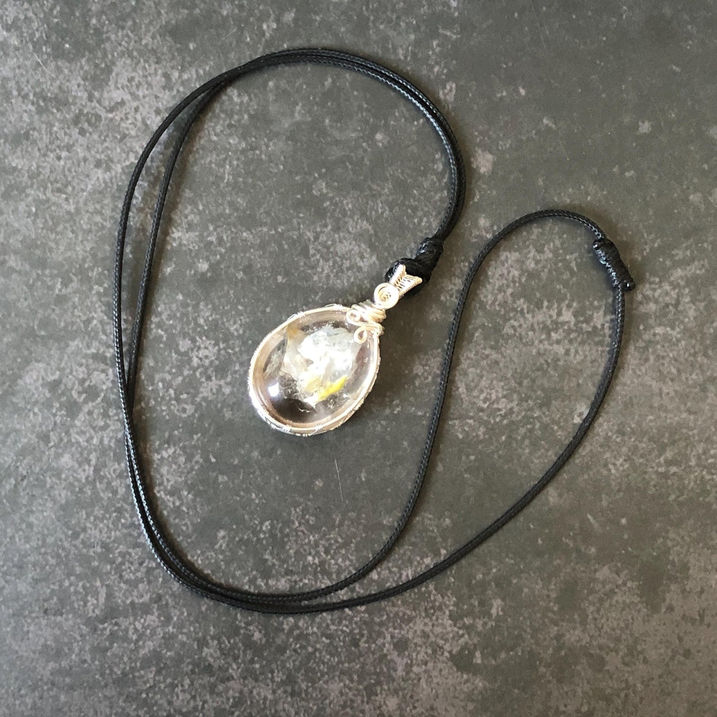 Rare Found! Polished Enhydro Quartz (Herkimer Diamond) Wire Wrapped Pendant Adjustable Necklace: Moving White Sand & Bubble Inclusion Crystal | Natural Gemstone Birthstone Gift for her Birthstone enhydro quartz sand water-fall  choker gemstone charm stone pendant choker polished stone pendant crystal charm birthstone men necklace chakra crystal purify stone minerals specimen adjustable choker mica quartz mica flakes silver wire wrapped pendant