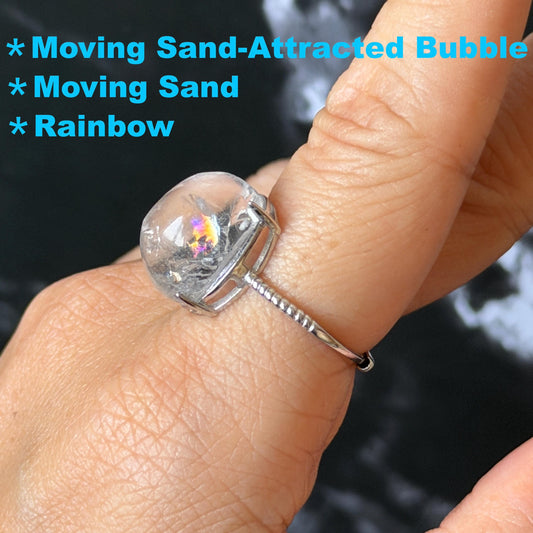 Polished Enhydro Quartz (Herkimer Diamond) S925 Silver Adjustable Ring: Rainbow! Moving Sand and Sand Attracted Bubble Inclusion Crystal Statement Ring for Women ring crystal band ring cocktail ring crystal stackable ring 7 chakra crystal ring meditation crystal healing stone birthstone silver ring ring for men rainbow quartz inclusion quartz inclusion crystal minerals specimen silver ring free size ring adjustable ring holder rain quartz enhydro crystal inclusion crystal inclusion quartz
