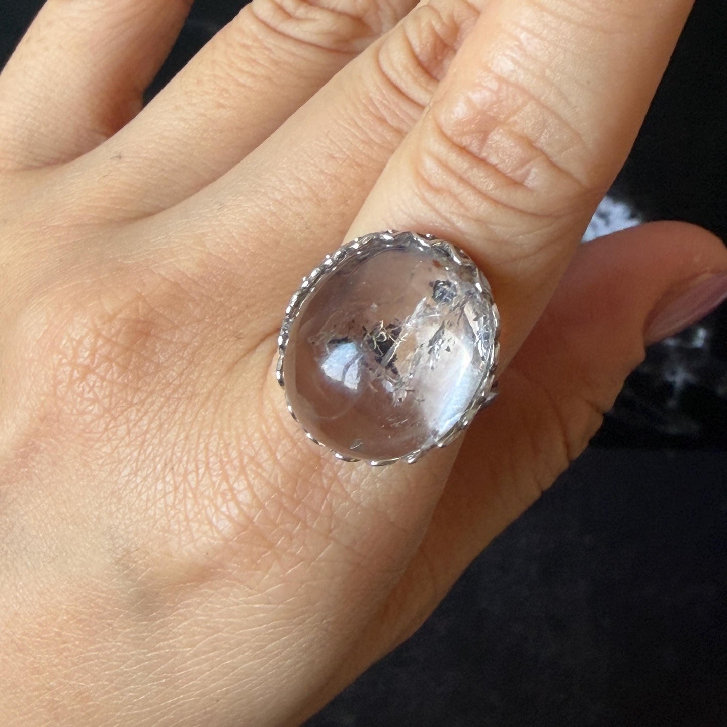 Polished Enhydro Quartz (Herkimer Diamond) S925 Silver Adjustable Ring: Moving Sand Waterfall and Shifting Bubble Inclusion Crystal Statement Ring for Women  ring crystal band ring cocktail ring crystal stackable ring 7 chakra crystal ring meditation crystal healing stone birthstone silver ring ring for men rainbow quartz inclusion quartz inclusion crystal minerals specimen silver ring free size ring adjustable ring holder rain quartz enhydro crystal inclusion crystal inclusion quartz