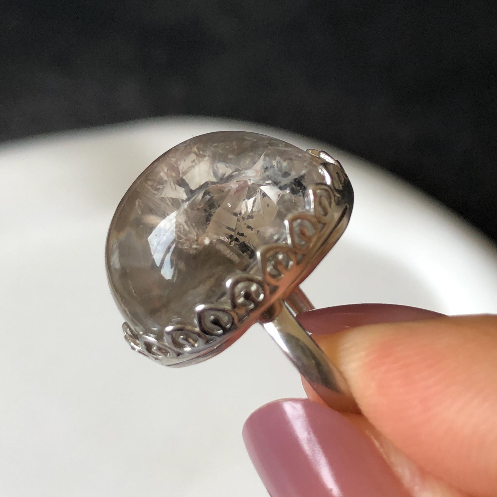 Polished Enhydro Quartz (Herkimer Diamond) S925 Silver Adjustable Ring: Moving Sand Waterfall and Shifting Bubble Inclusion Crystal Statement Ring for Women  ring crystal band ring cocktail ring crystal stackable ring 7 chakra crystal ring meditation crystal healing stone birthstone silver ring ring for men rainbow quartz inclusion quartz inclusion crystal minerals specimen silver ring free size ring adjustable ring holder rain quartz enhydro crystal inclusion crystal inclusion quartz