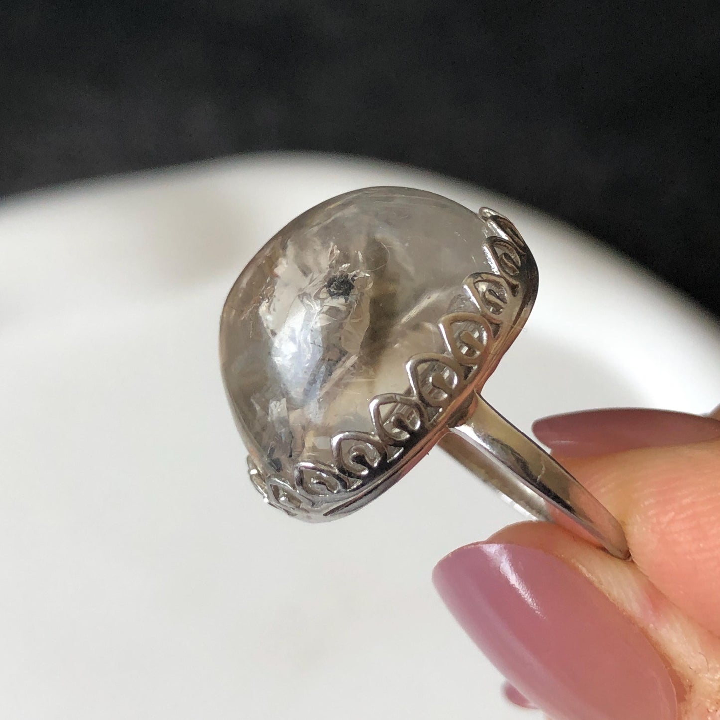 Polished Enhydro Quartz (Herkimer Diamond) S925 Silver Adjustable Ring: Moving Sand Waterfall and Shifting Bubble Inclusion Crystal Statement Ring for Women  ring crystal band ring cocktail ring crystal stackable ring 7 chakra crystal ring meditation crystal healing stone birthstone silver ring ring for men rainbow quartz inclusion quartz inclusion crystal minerals specimen silver ring free size ring adjustable ring holder rain quartz enhydro crystal inclusion crystal inclusion quartz