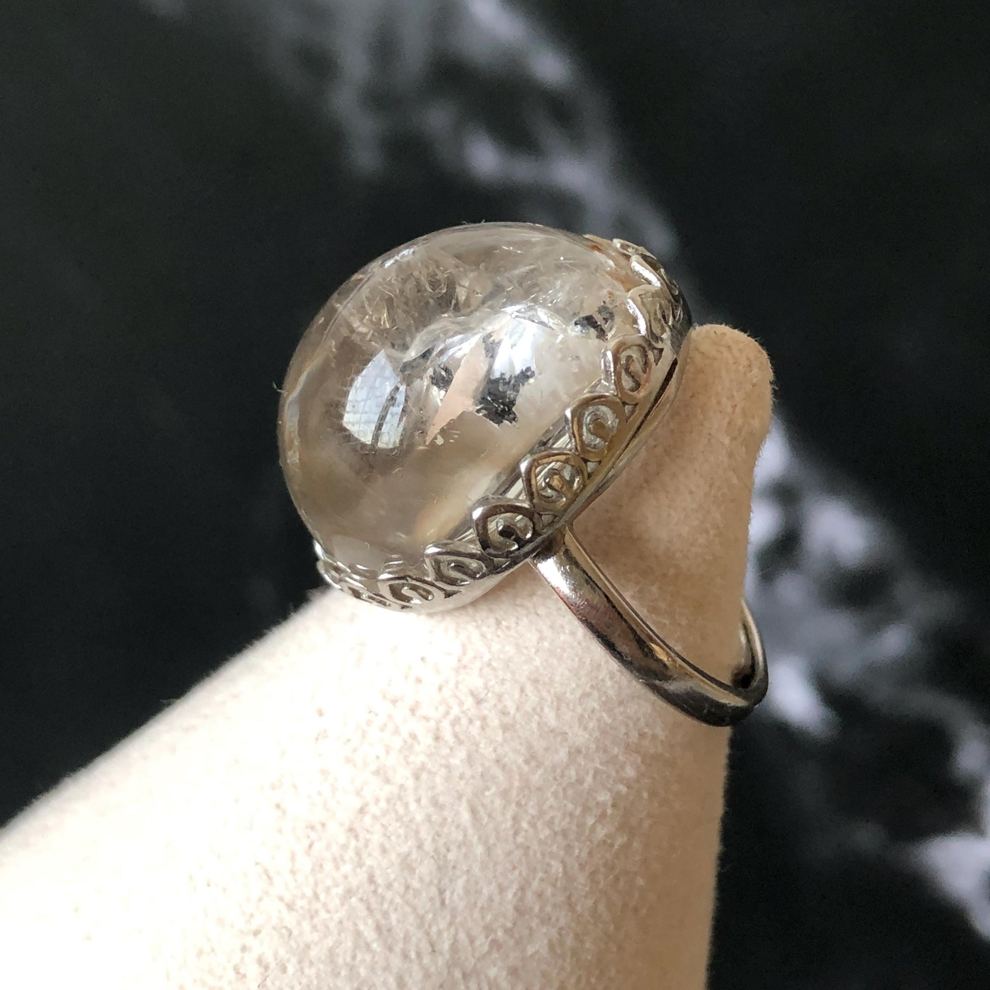 Polished Enhydro Quartz (Herkimer Diamond) S925 Silver Adjustable Ring: Moving Sand Waterfall and Shifting Bubble Inclusion Crystal Statement Ring for Women  ring crystal band ring cocktail ring crystal stackable ring 7 chakra crystal ring meditation crystal healing stone birthstone silver ring ring for men rainbow quartz inclusion quartz inclusion crystal minerals specimen silver ring free size ring adjustable ring holder rain quartz enhydro crystal inclusion crystal inclusion quartz