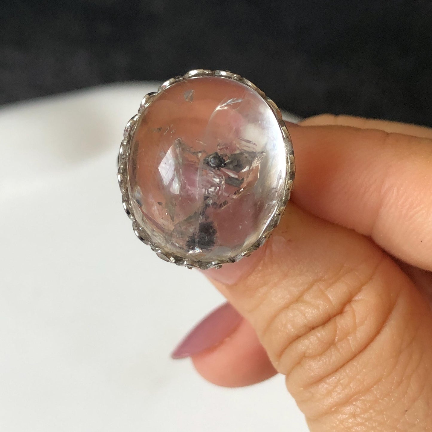 Polished Enhydro Quartz (Herkimer Diamond) S925 Silver Adjustable Ring: Moving Sand Waterfall and Shifting Bubble Inclusion Crystal Statement Ring for Women  ring crystal band ring cocktail ring crystal stackable ring 7 chakra crystal ring meditation crystal healing stone birthstone silver ring ring for men rainbow quartz inclusion quartz inclusion crystal minerals specimen silver ring free size ring adjustable ring holder rain quartz enhydro crystal inclusion crystal inclusion quartz