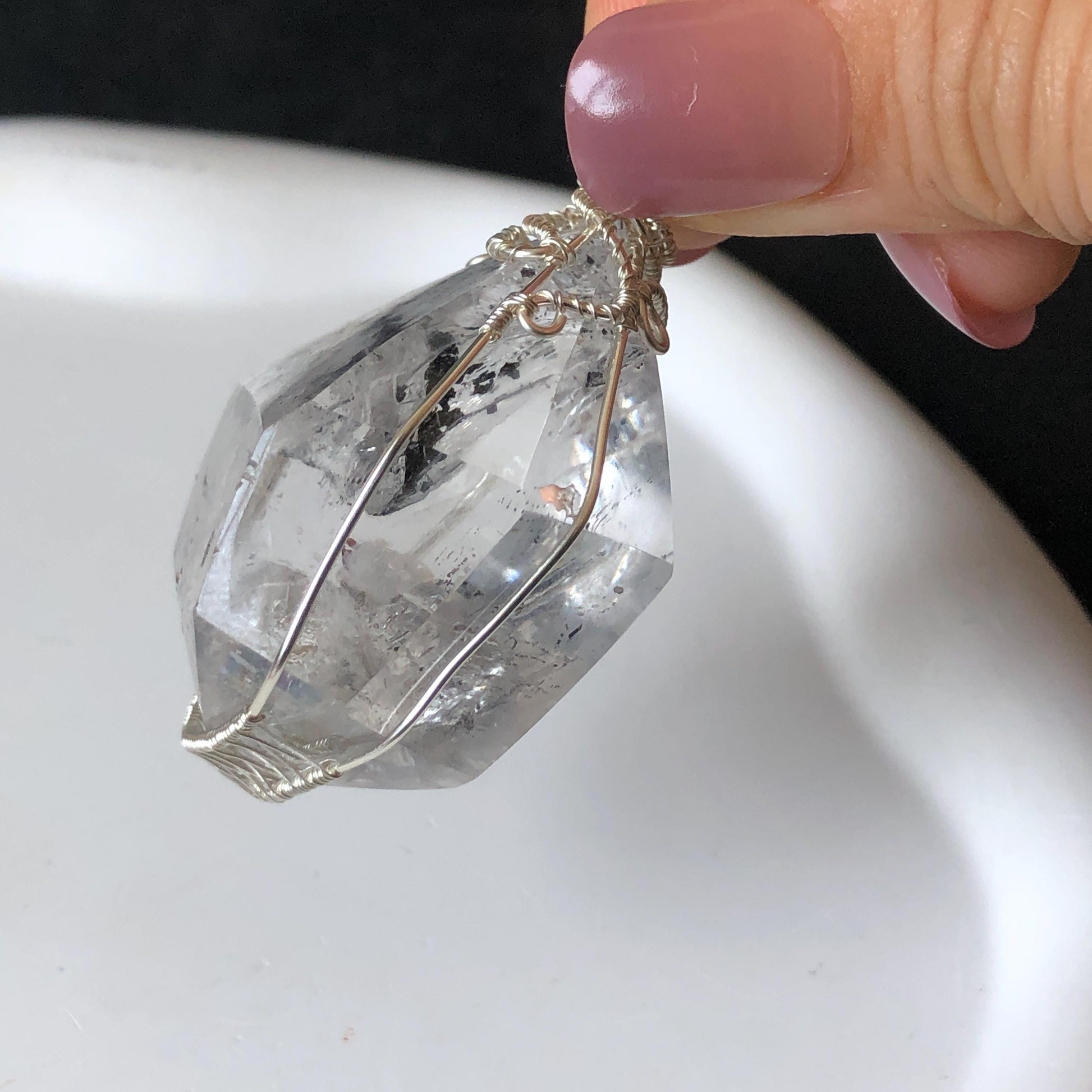 Rare Polished Enhydro Quartz (Herkimer Diamond) Wire Wrapped Pendant Adjustable Necklace | Big Rainbow! Moving Black Tourmaline Inclusion Crystal | Natural Gemstone Birthstone Gift for her enhydro quartz sand water-fall pendant necklace choker gemstone charm stone pendant choker polished stone pendant crystal charm birthstone gift for her men necklace chakra crystal purify stone minerals specimen adjustable choker mica quartz mica flakes silver wire wrapped pendant
