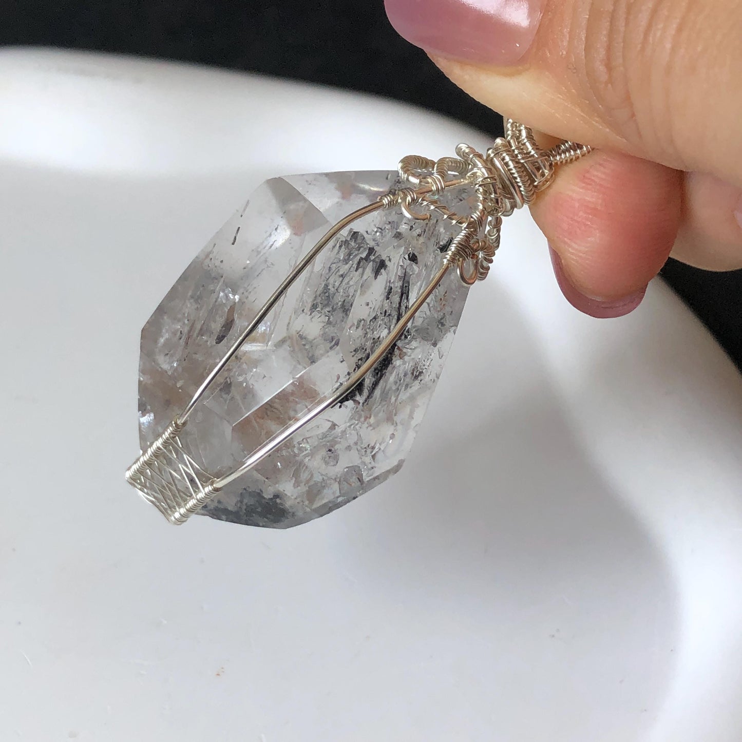 Rare Polished Enhydro Quartz (Herkimer Diamond) Wire Wrapped Pendant Adjustable Necklace | Big Rainbow! Moving Black Tourmaline Inclusion Crystal | Natural Gemstone Birthstone Gift for her enhydro quartz sand water-fall pendant necklace choker gemstone charm stone pendant choker polished stone pendant crystal charm birthstone gift for her men necklace chakra crystal purify stone minerals specimen adjustable choker mica quartz mica flakes silver wire wrapped pendant