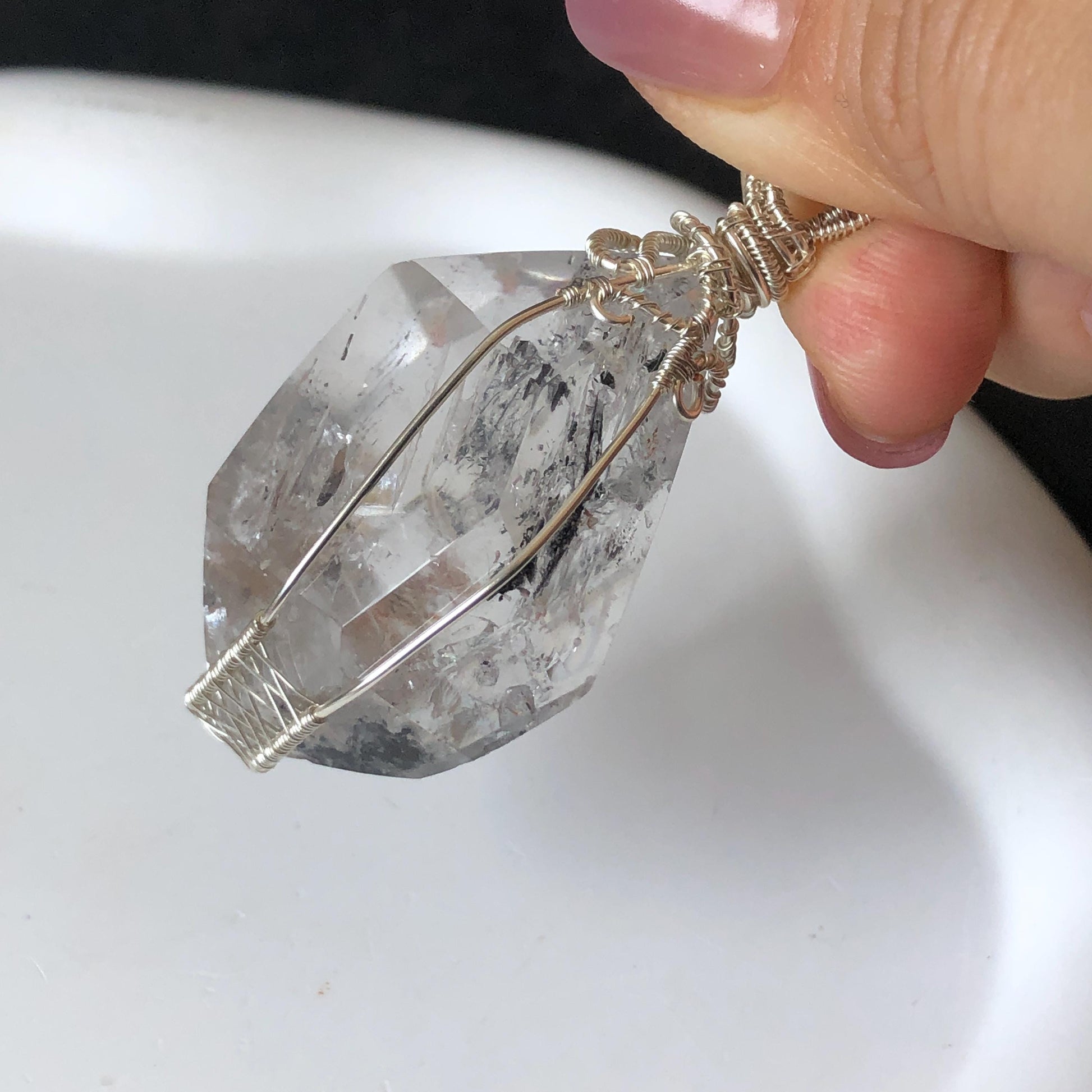 Rare Polished Enhydro Quartz (Herkimer Diamond) Wire Wrapped Pendant Adjustable Necklace | Big Rainbow! Moving Black Tourmaline Inclusion Crystal | Natural Gemstone Birthstone Gift for her enhydro quartz sand water-fall pendant necklace choker gemstone charm stone pendant choker polished stone pendant crystal charm birthstone gift for her men necklace chakra crystal purify stone minerals specimen adjustable choker mica quartz mica flakes silver wire wrapped pendant