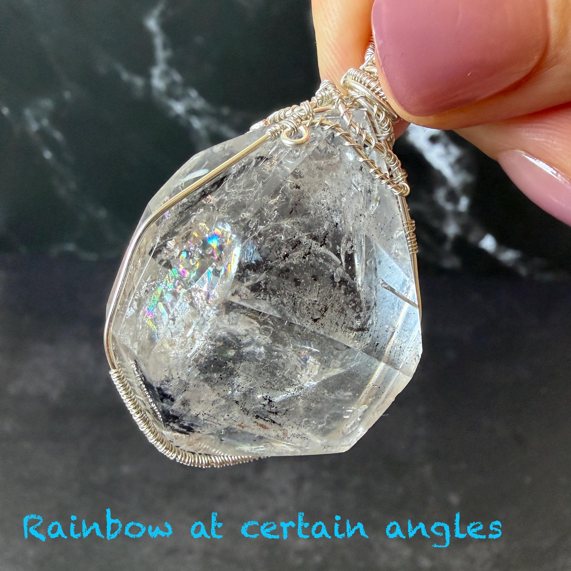 Rare Polished Enhydro Quartz (Herkimer Diamond) Wire Wrapped Pendant Adjustable Necklace | Big Rainbow! Moving Black Tourmaline Inclusion Crystal | Natural Gemstone Birthstone Gift for her enhydro quartz sand water-fall pendant necklace choker gemstone charm stone pendant choker polished stone pendant crystal charm birthstone gift for her men necklace chakra crystal purify stone minerals specimen adjustable choker mica quartz mica flakes silver wire wrapped pendant