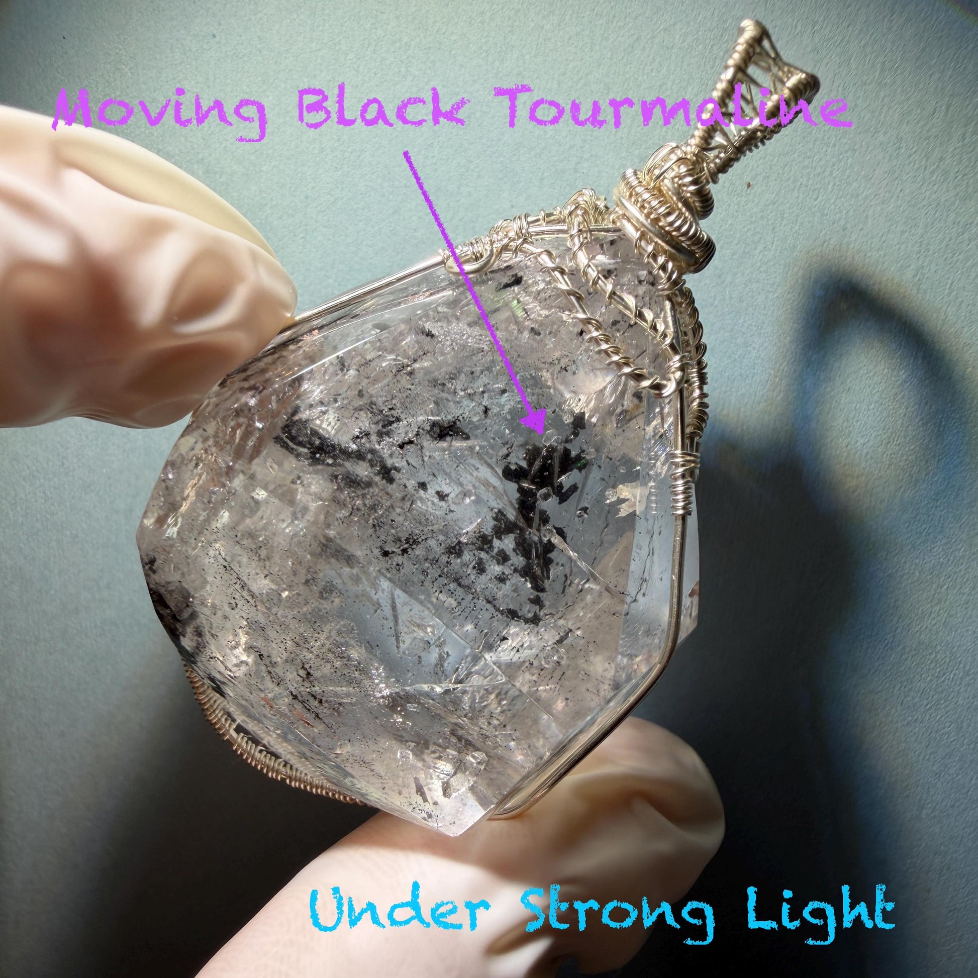 Rare Polished Enhydro Quartz (Herkimer Diamond) Wire Wrapped Pendant Adjustable Necklace | Big Rainbow! Moving Black Tourmaline Inclusion Crystal | Natural Gemstone Birthstone Gift for her enhydro quartz sand water-fall pendant necklace choker gemstone charm stone pendant choker polished stone pendant crystal charm birthstone gift for her men necklace chakra crystal purify stone minerals specimen adjustable choker mica quartz mica flakes silver wire wrapped pendant