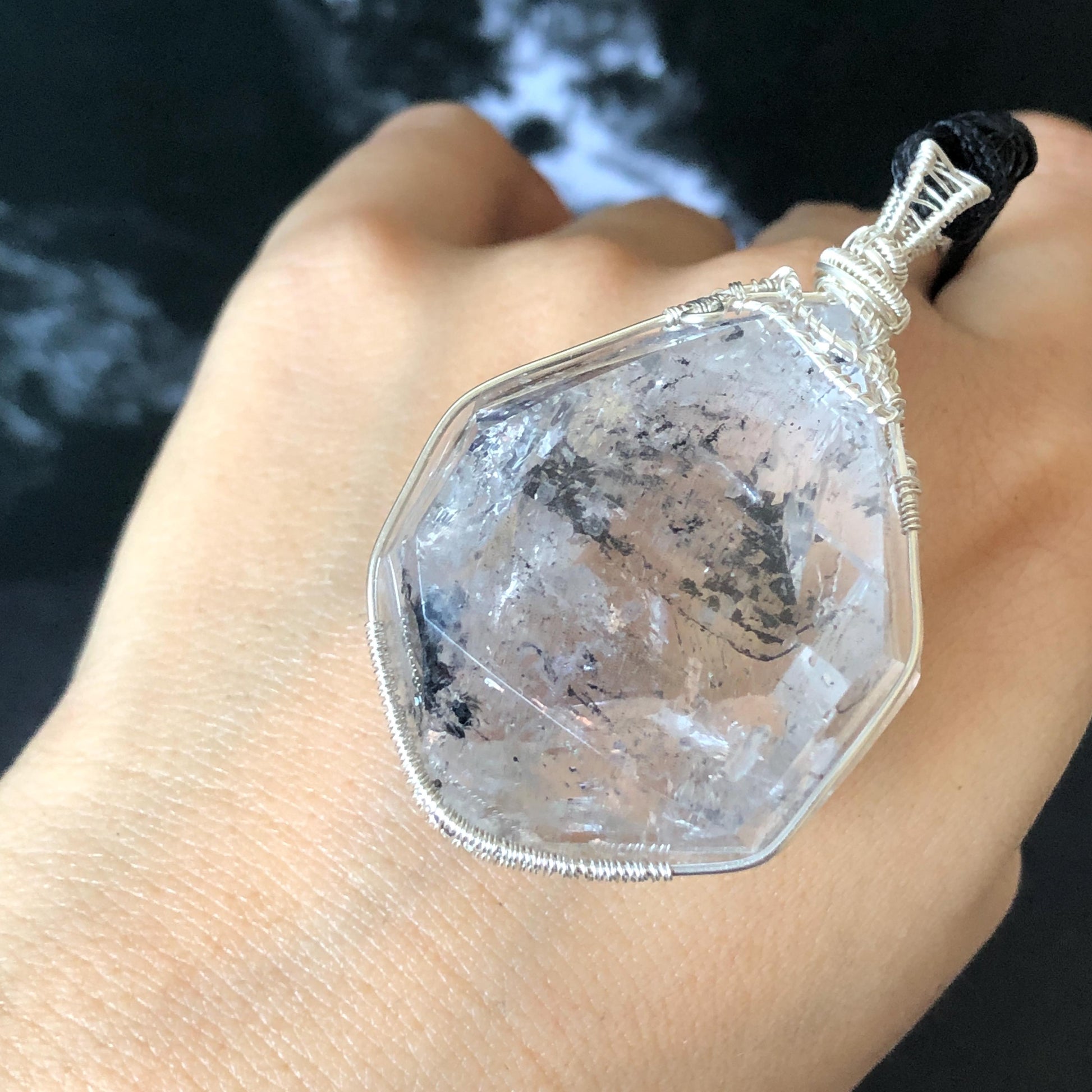 Rare Polished Enhydro Quartz (Herkimer Diamond) Wire Wrapped Pendant Adjustable Necklace | Big Rainbow! Moving Black Tourmaline Inclusion Crystal | Natural Gemstone Birthstone Gift for her enhydro quartz sand water-fall pendant necklace choker gemstone charm stone pendant choker polished stone pendant crystal charm birthstone gift for her men necklace chakra crystal purify stone minerals specimen adjustable choker mica quartz mica flakes silver wire wrapped pendant