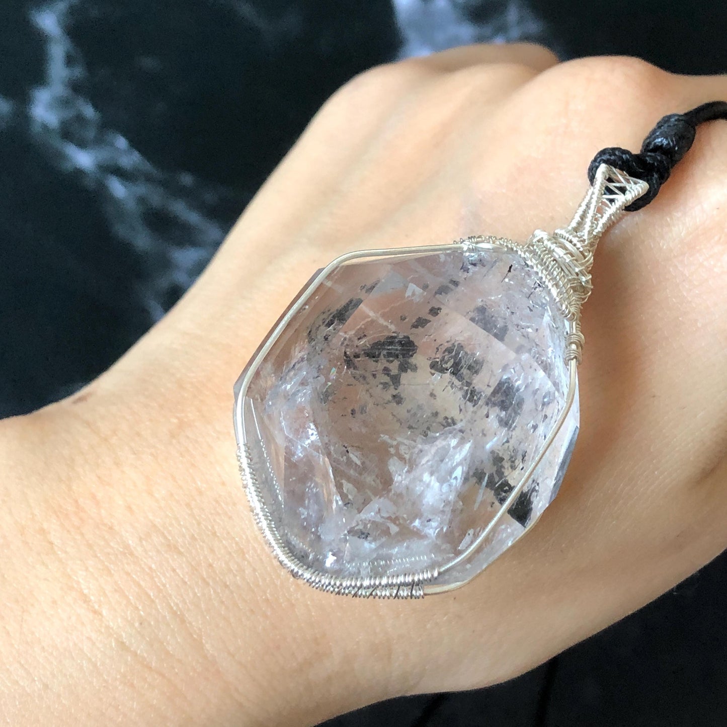 Rare Polished Enhydro Quartz (Herkimer Diamond) Wire Wrapped Pendant Adjustable Necklace | Big Rainbow! Moving Black Tourmaline Inclusion Crystal | Natural Gemstone Birthstone Gift for her enhydro quartz sand water-fall pendant necklace choker gemstone charm stone pendant choker polished stone pendant crystal charm birthstone gift for her men necklace chakra crystal purify stone minerals specimen adjustable choker mica quartz mica flakes silver wire wrapped pendant