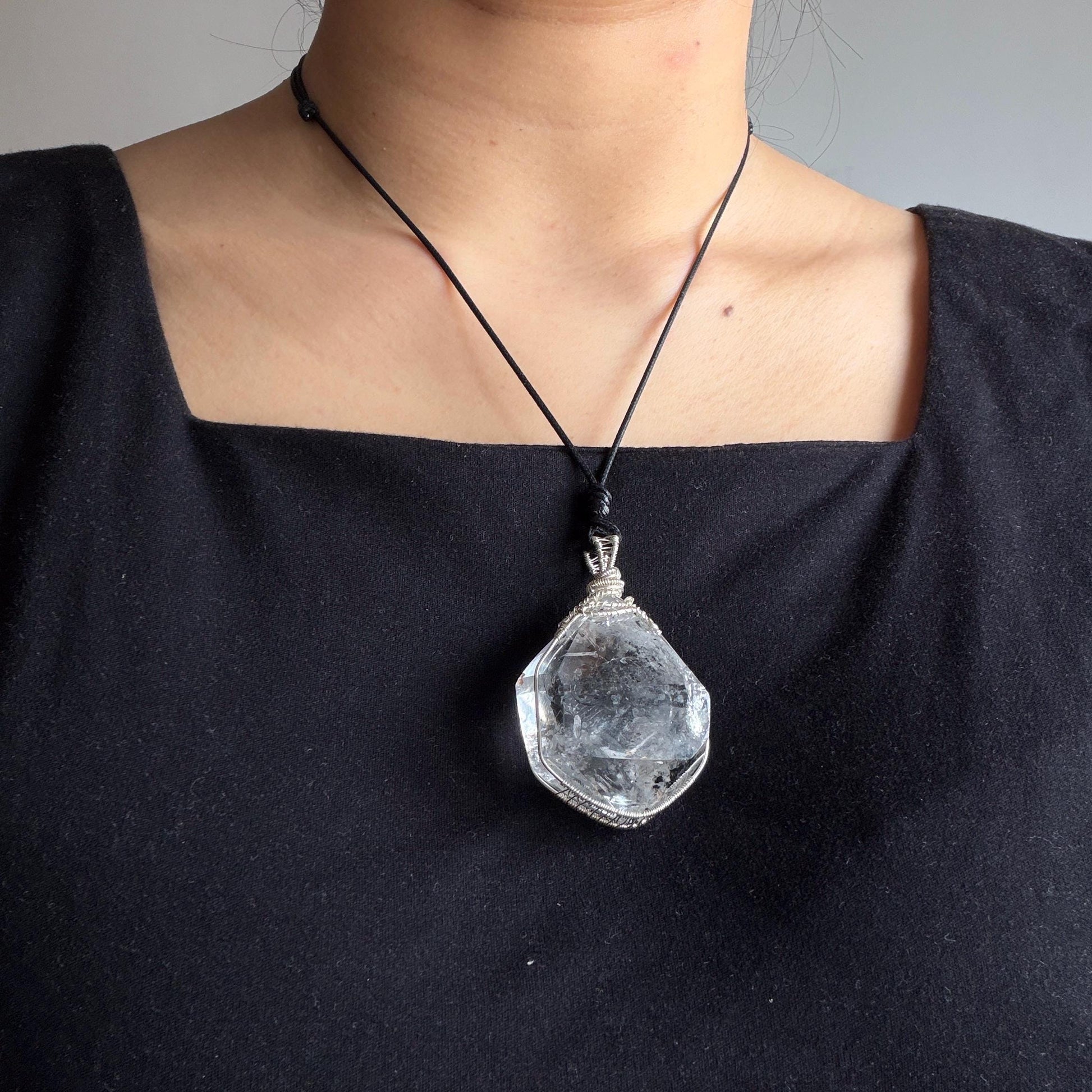 Rare Polished Enhydro Quartz (Herkimer Diamond) Wire Wrapped Pendant Adjustable Necklace | Big Rainbow! Moving Black Tourmaline Inclusion Crystal | Natural Gemstone Birthstone Gift for her enhydro quartz sand water-fall pendant necklace choker gemstone charm stone pendant choker polished stone pendant crystal charm birthstone gift for her men necklace chakra crystal purify stone minerals specimen adjustable choker mica quartz mica flakes silver wire wrapped pendant