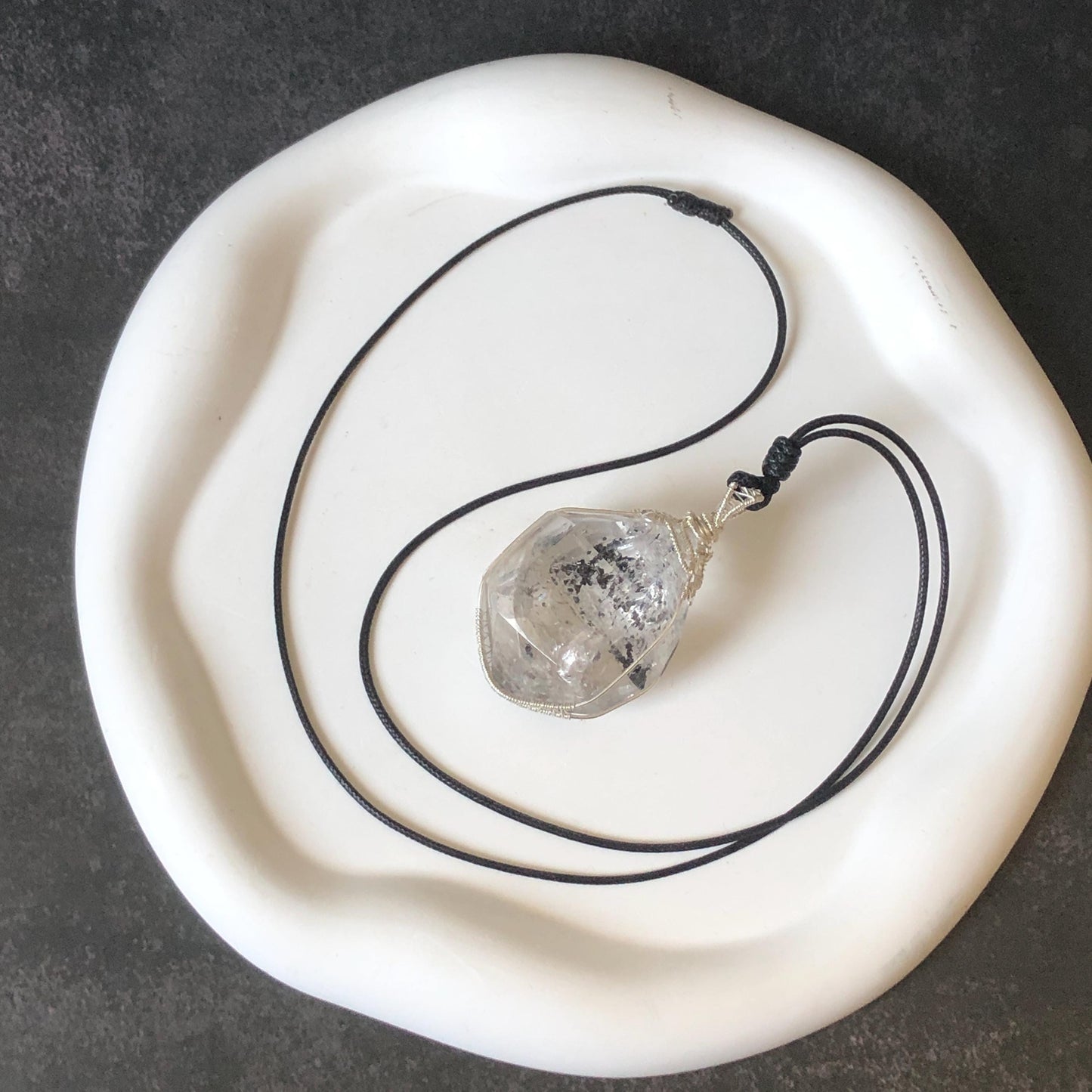 Rare Polished Enhydro Quartz (Herkimer Diamond) Wire Wrapped Pendant Adjustable Necklace | Big Rainbow! Moving Black Tourmaline Inclusion Crystal | Natural Gemstone Birthstone Gift for her enhydro quartz sand water-fall pendant necklace choker gemstone charm stone pendant choker polished stone pendant crystal charm birthstone gift for her men necklace chakra crystal purify stone minerals specimen adjustable choker mica quartz mica flakes silver wire wrapped pendant