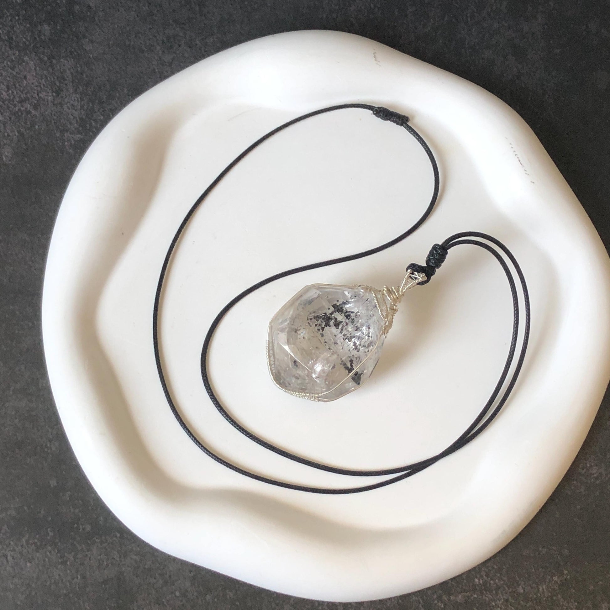 Rare Polished Enhydro Quartz (Herkimer Diamond) Wire Wrapped Pendant Adjustable Necklace | Big Rainbow! Moving Black Tourmaline Inclusion Crystal | Natural Gemstone Birthstone Gift for her enhydro quartz sand water-fall pendant necklace choker gemstone charm stone pendant choker polished stone pendant crystal charm birthstone gift for her men necklace chakra crystal purify stone minerals specimen adjustable choker mica quartz mica flakes silver wire wrapped pendant